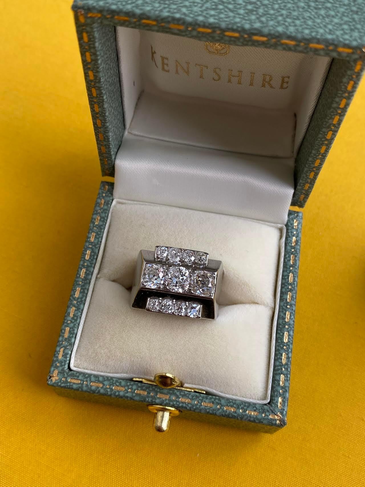 René Boivin Art Deco Old European Cut Diamond and Platinum Stepped Design Ring In Good Condition In New York, NY