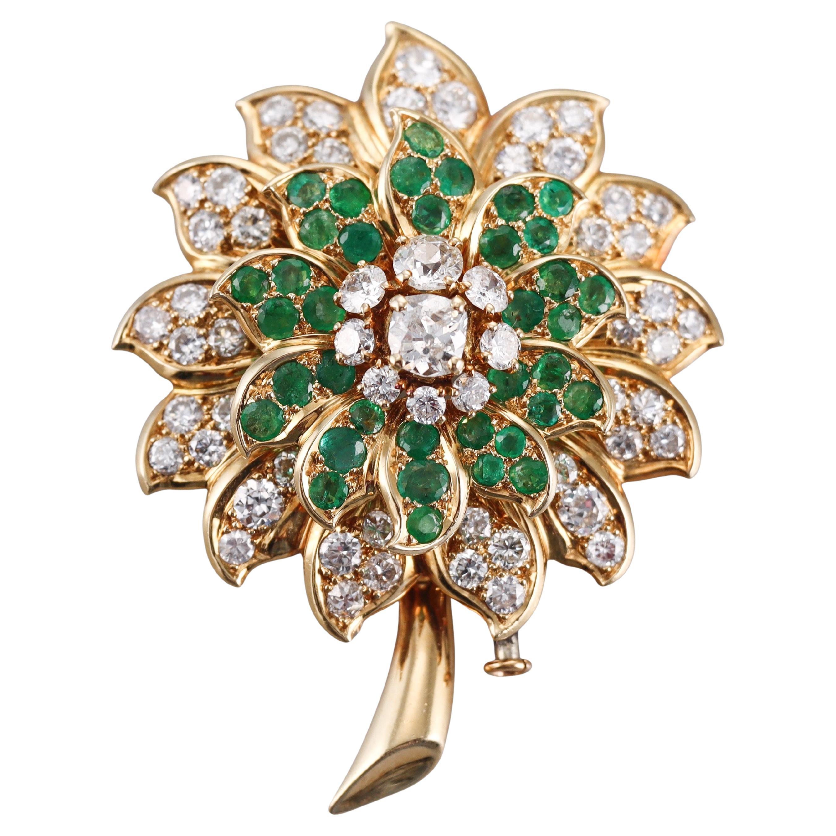 René Boivin Emerald Diamond Yellow Gold Flower Brooch