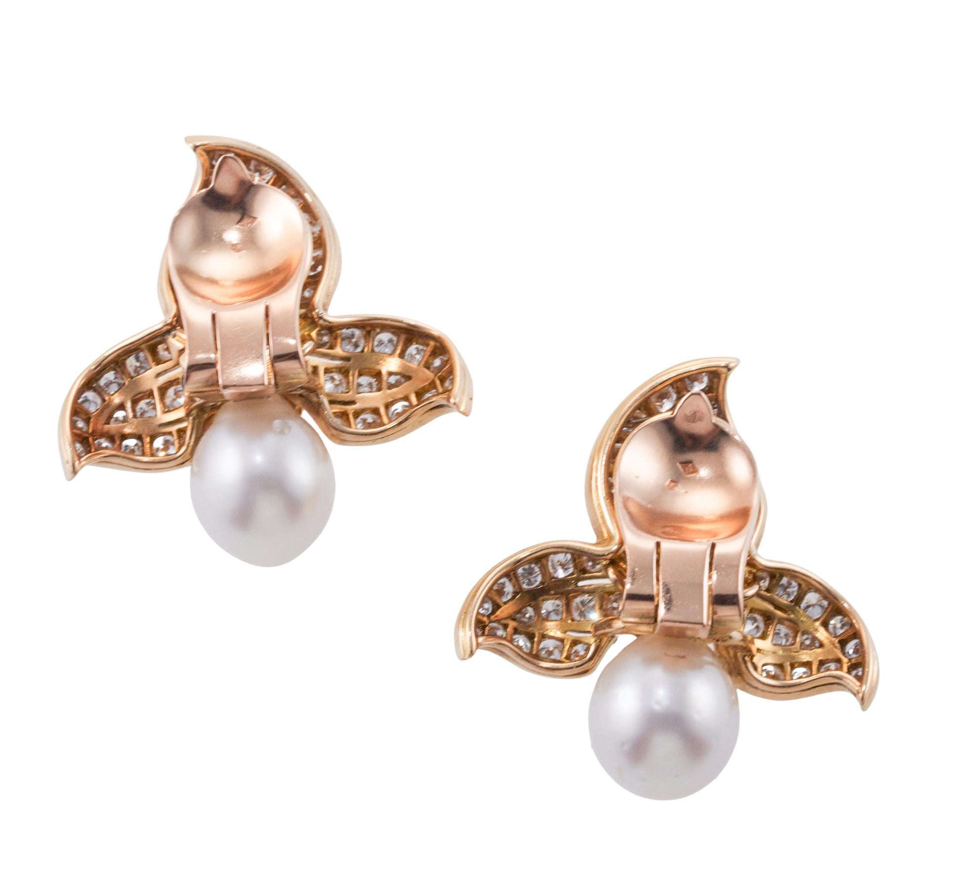 Round Cut Rene Boivin French South Sea Pearl Diamond Gold Cocktail Earrings For Sale