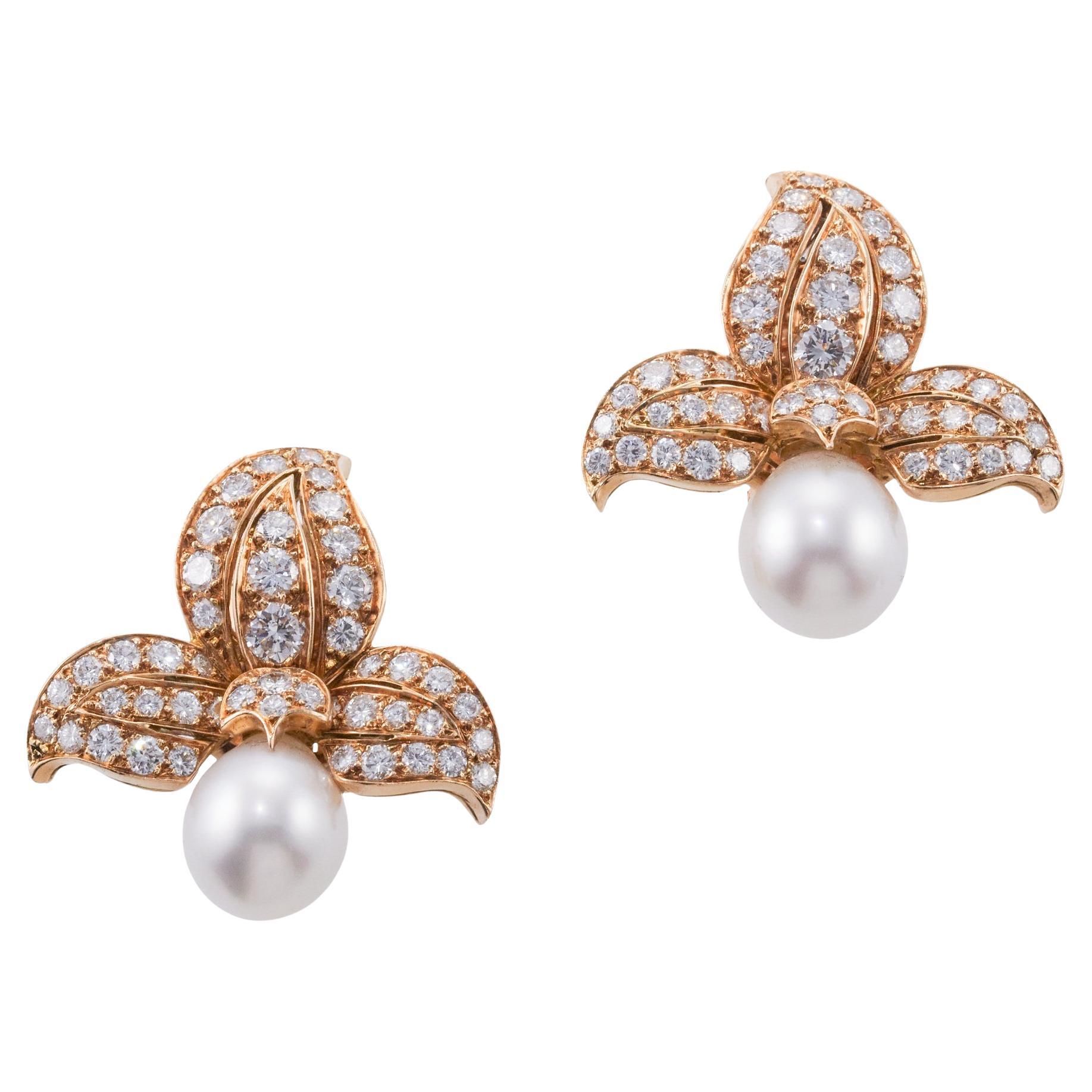 Rene Boivin French South Sea Pearl Diamond Gold Cocktail Earrings For Sale
