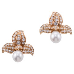 Vintage Rene Boivin French South Sea Pearl Diamond Gold Cocktail Earrings