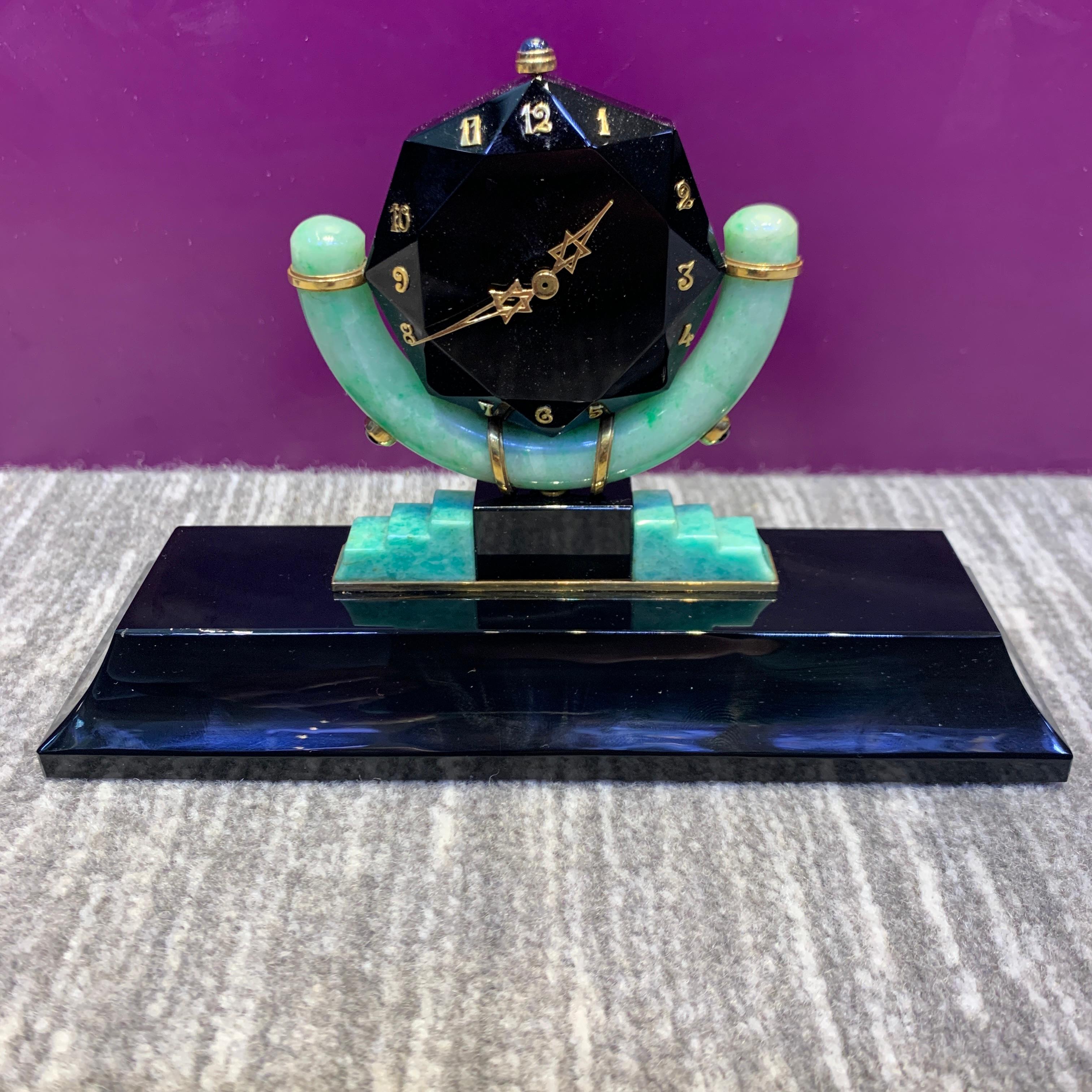 Rene Boivin Onyx Jade & Amazonite Art Deco Desk Clock For Sale 2