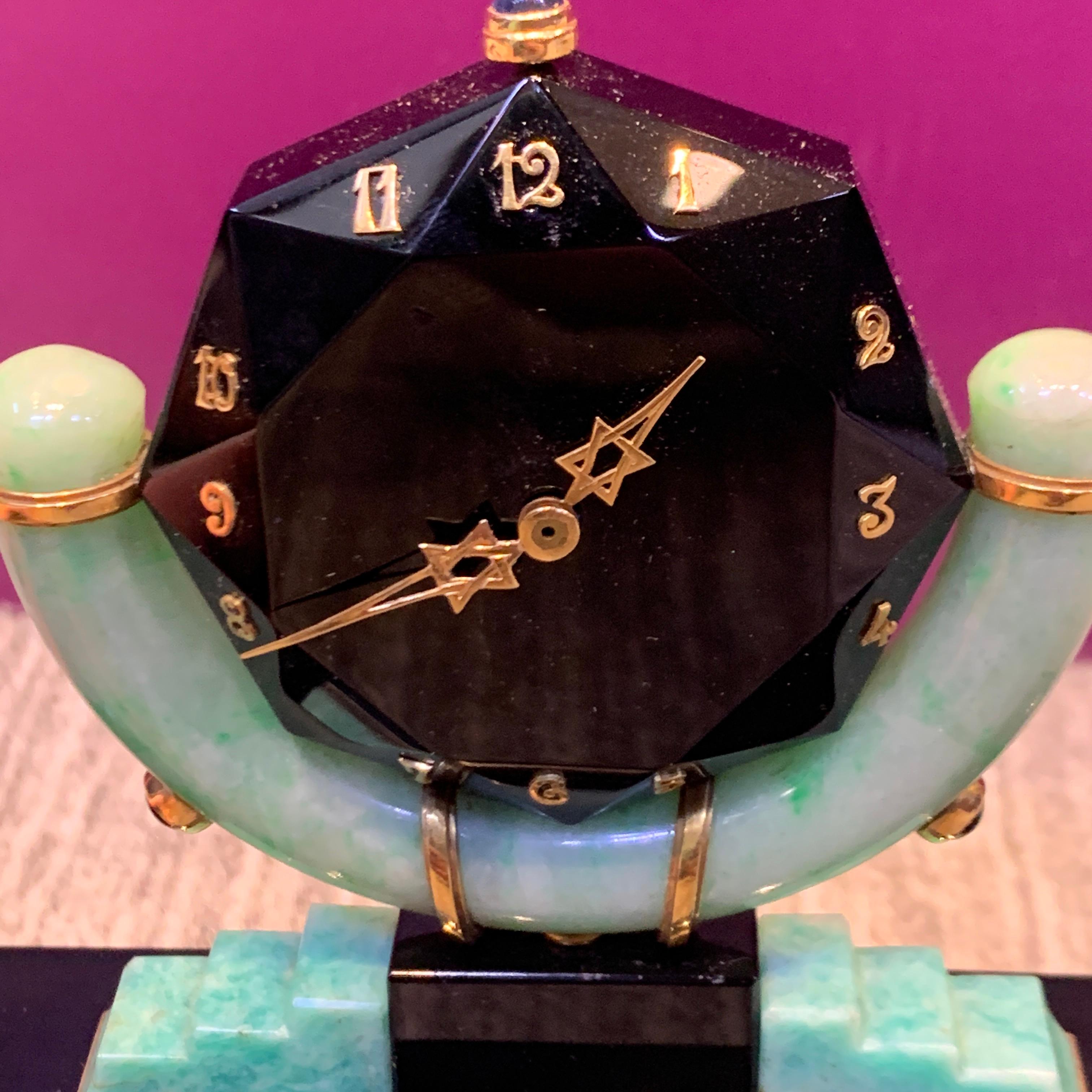 Rene Boivin Onyx Jade & Amazonite Art Deco Desk Clock For Sale 4