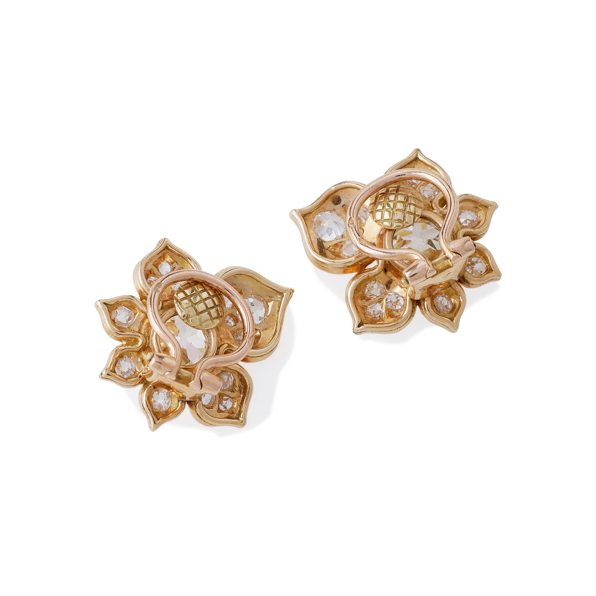 Old European Cut René Boivin Paris Diamond Leaf Earrings