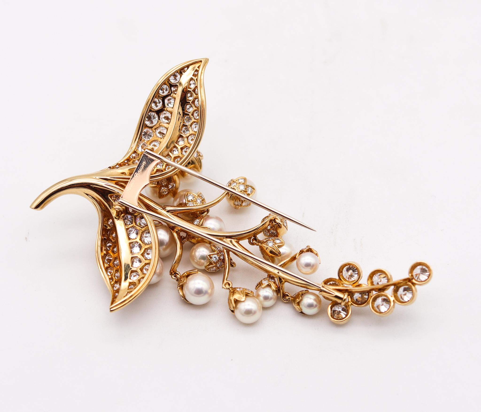 Modernist Rene Boivin Paris Gem Set Brooch 18kt Gold with 14.09ctw in Diamonds and Pearls For Sale