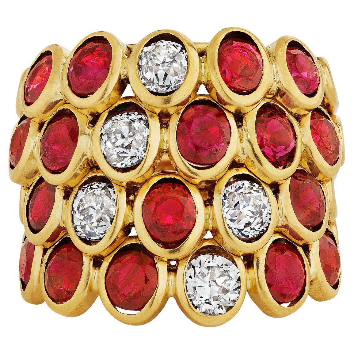 Rene Boivin Paris Quatre Corps Rubino Diamante Oro Anello Vintage