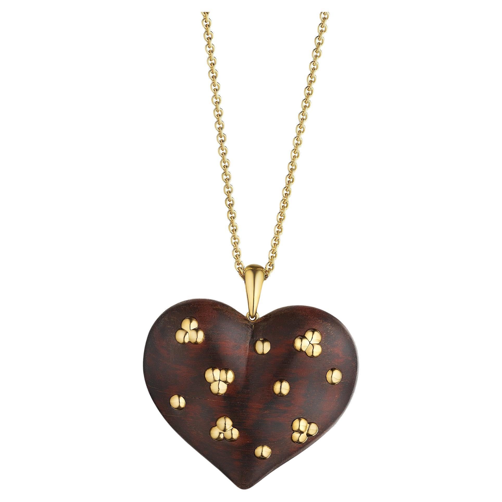 Rene Boivin Paris Vintage Natural Wood Gold Heart Pendant Necklace For Sale