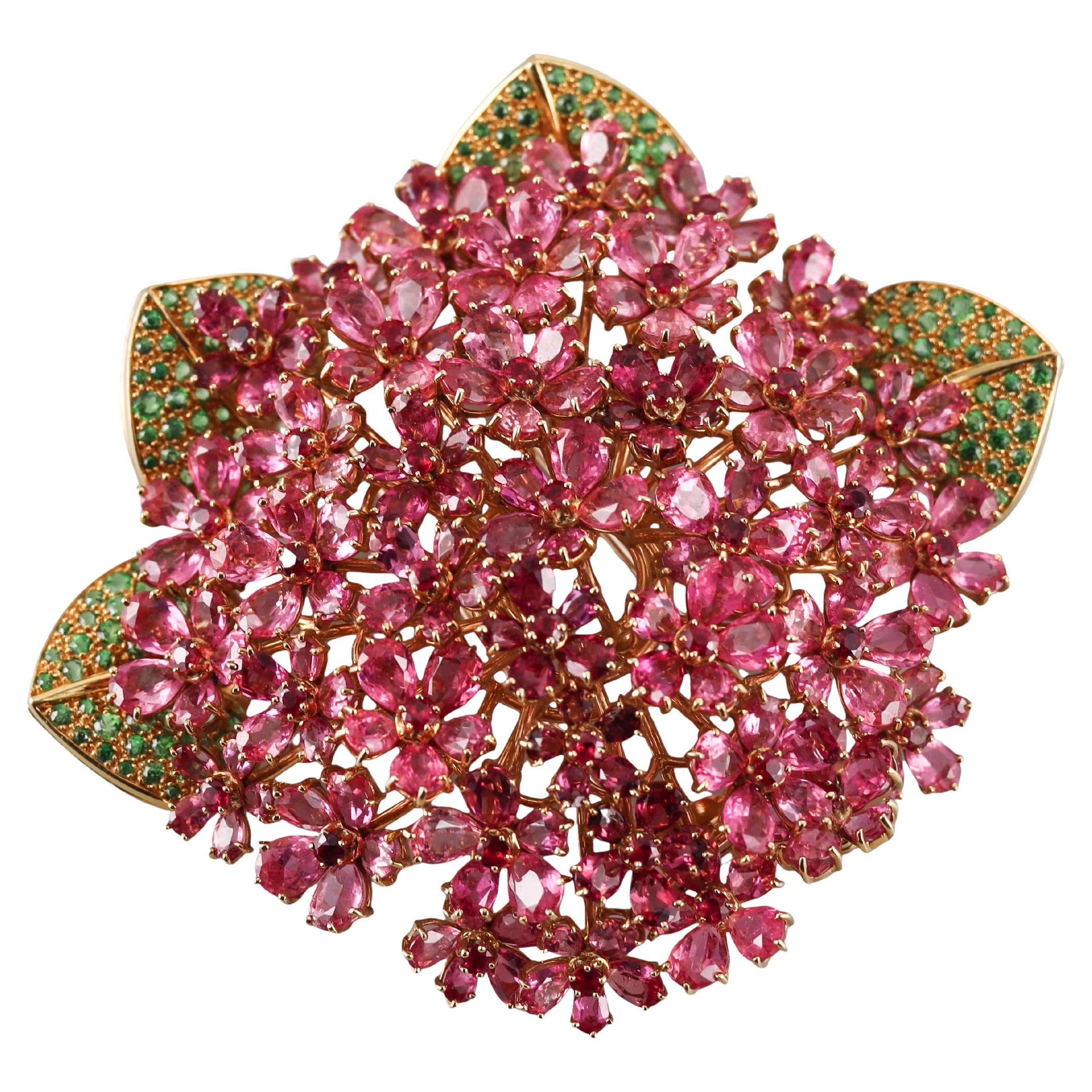 René Boivin Pink Sapphire Tsavorite Garnet Ruby Gold Large Flower Brooch