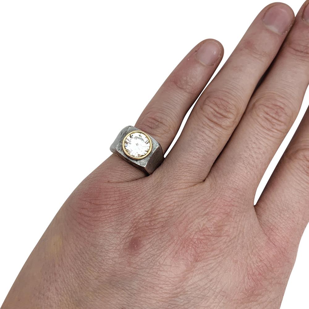 Round Cut René Boivin Ring, Silver and Gold Set with a 2.96 Carat Diamond