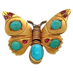 René Boivin Ruby, Diamond and Turquoise Gold Butterfly Brooch Clip