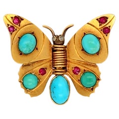 René Boivin Ruby, Diamond and Turquoise Gold Butterfly Brooch Clip