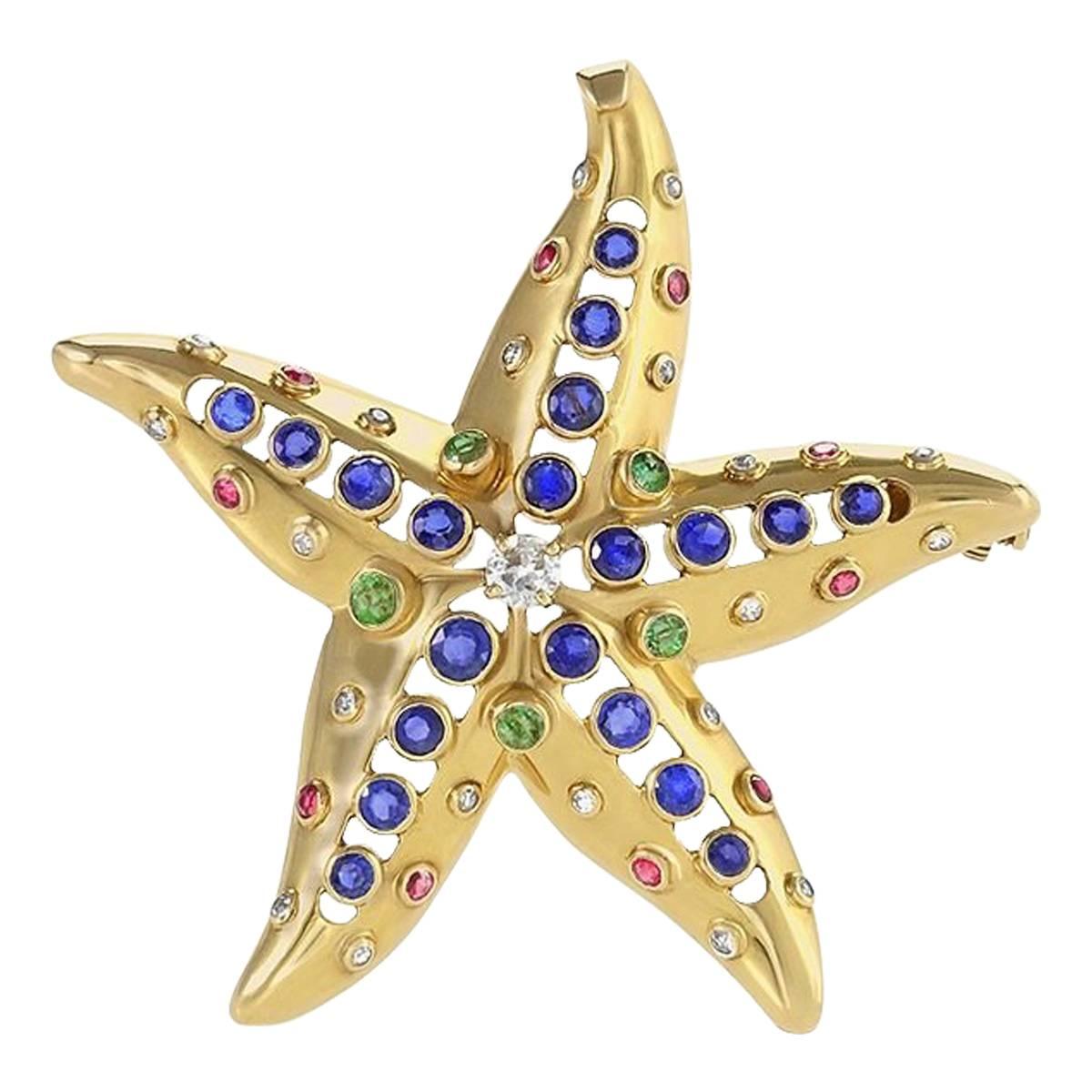 René Boivin Sapphire, Diamond, Emerald, Ruby and Gold Starfish Brooch