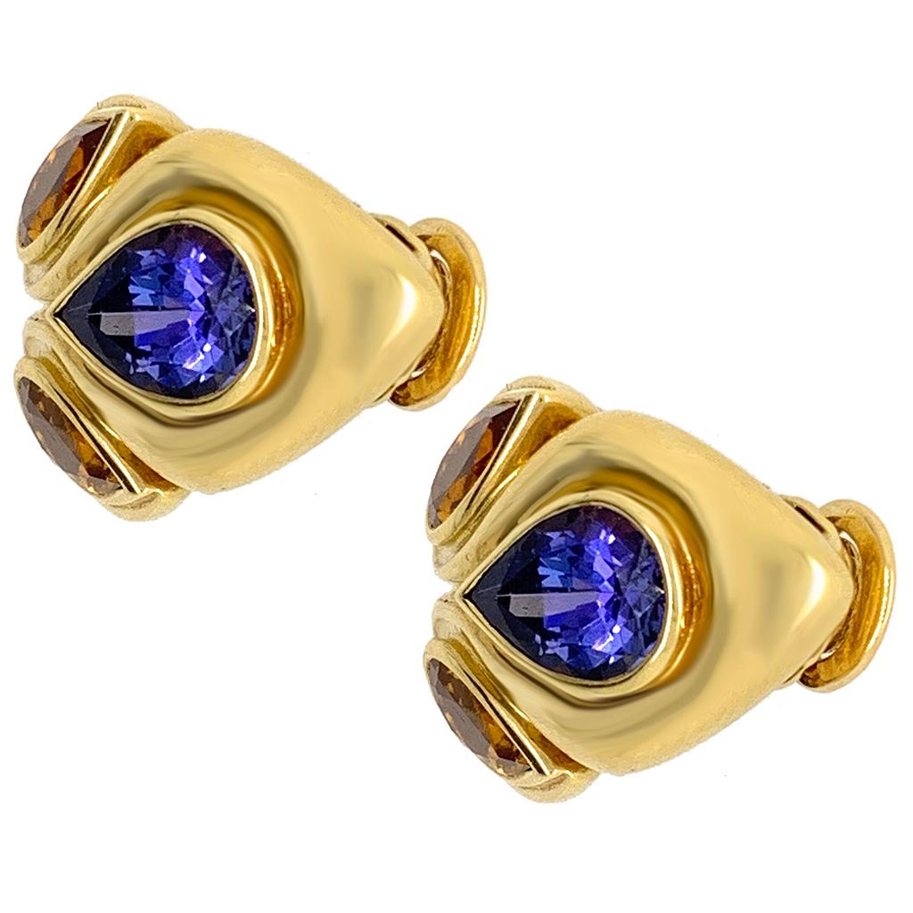 Rene Boivin Tanzanite Citrine and 18 Karat Gold Earrings In Good Condition For Sale In New York, NY