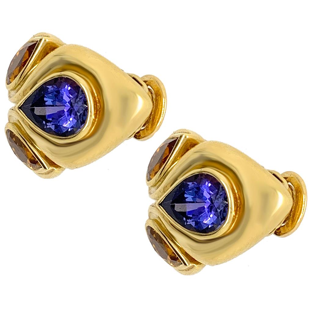 Ohrringe aus 18 Karat Gold mit Tansanit und Citrin von Rene Boivin im Angebot 1