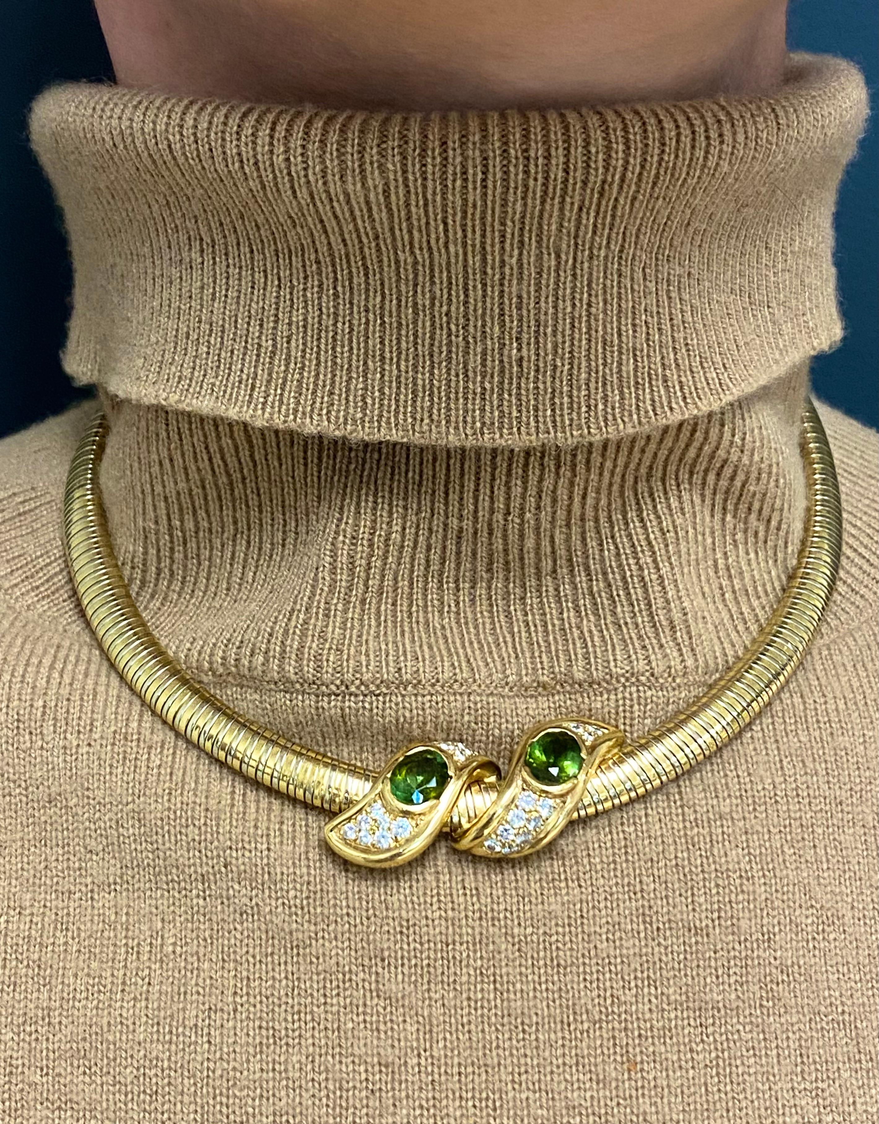 Mixed Cut Rene Boivin Tubogas Vintage Necklace Two-Tone Gold Peridot Diamond For Sale