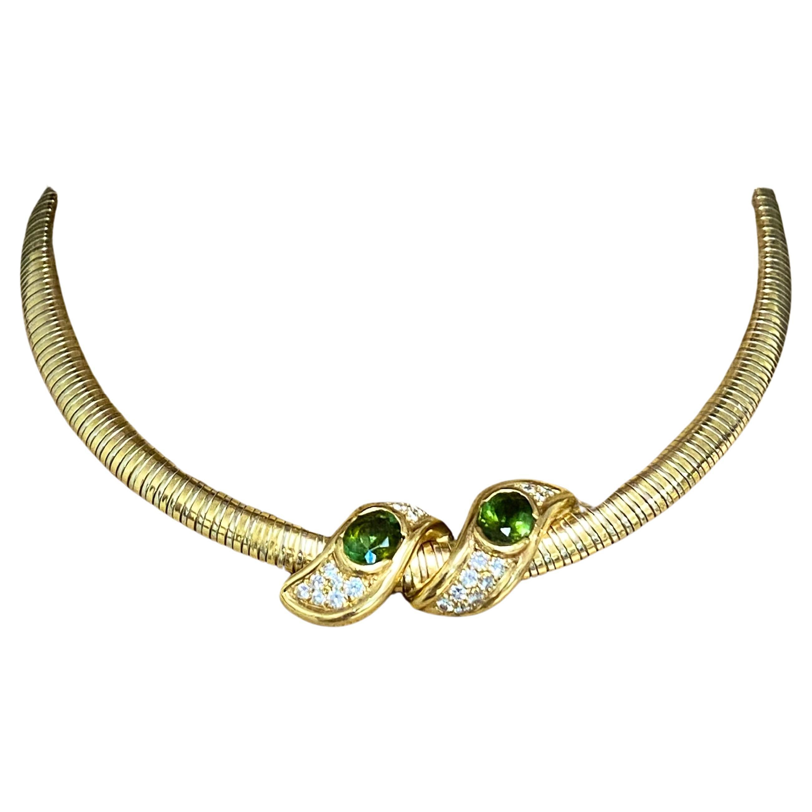 Women's Rene Boivin Tubogas Vintage Necklace Two-Tone Gold Peridot Diamond For Sale
