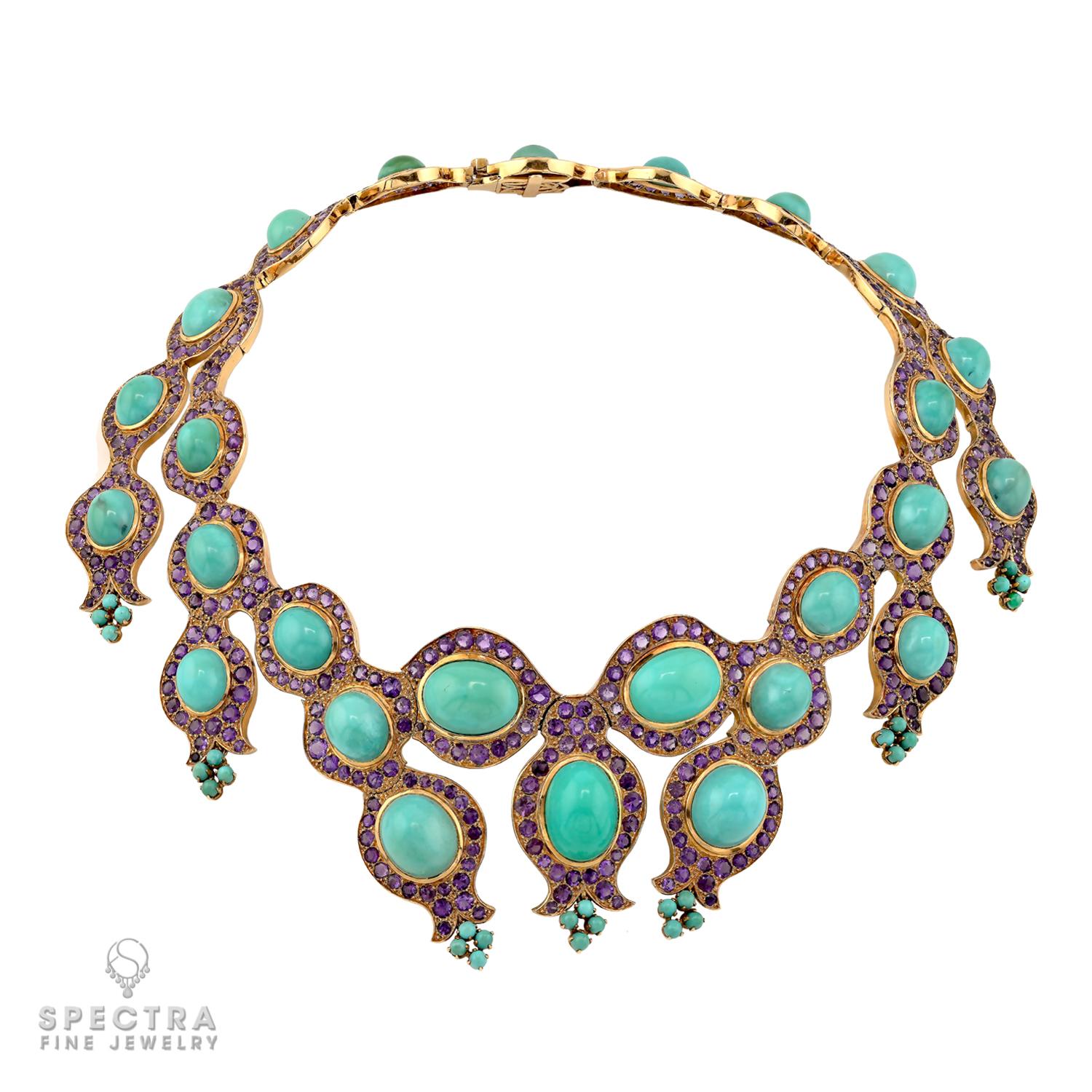 Contemporain Rene Boivin, collier d'améthyste turquoise en or jaune 18 carats, circa 1965 en vente