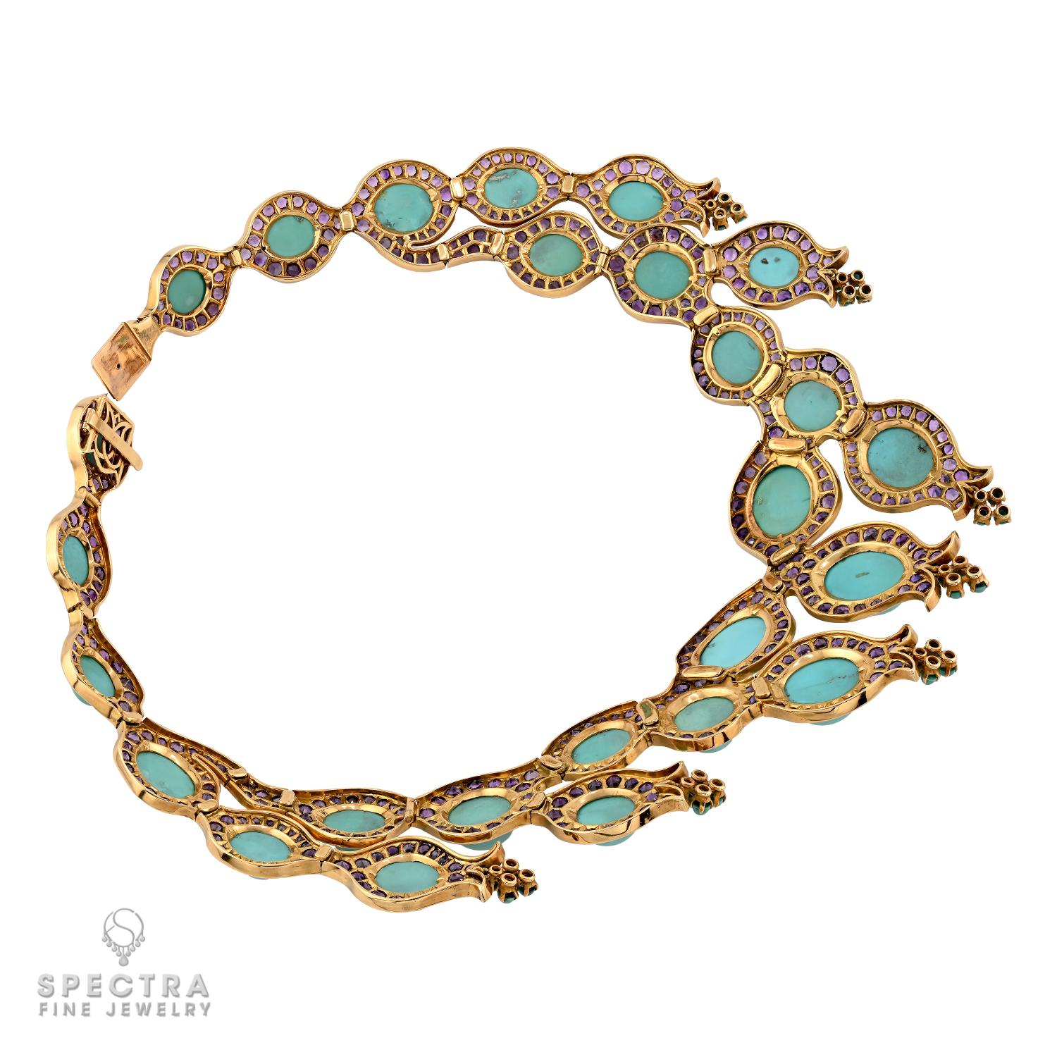 Taille cabochon Rene Boivin, collier d'améthyste turquoise en or jaune 18 carats, circa 1965 en vente