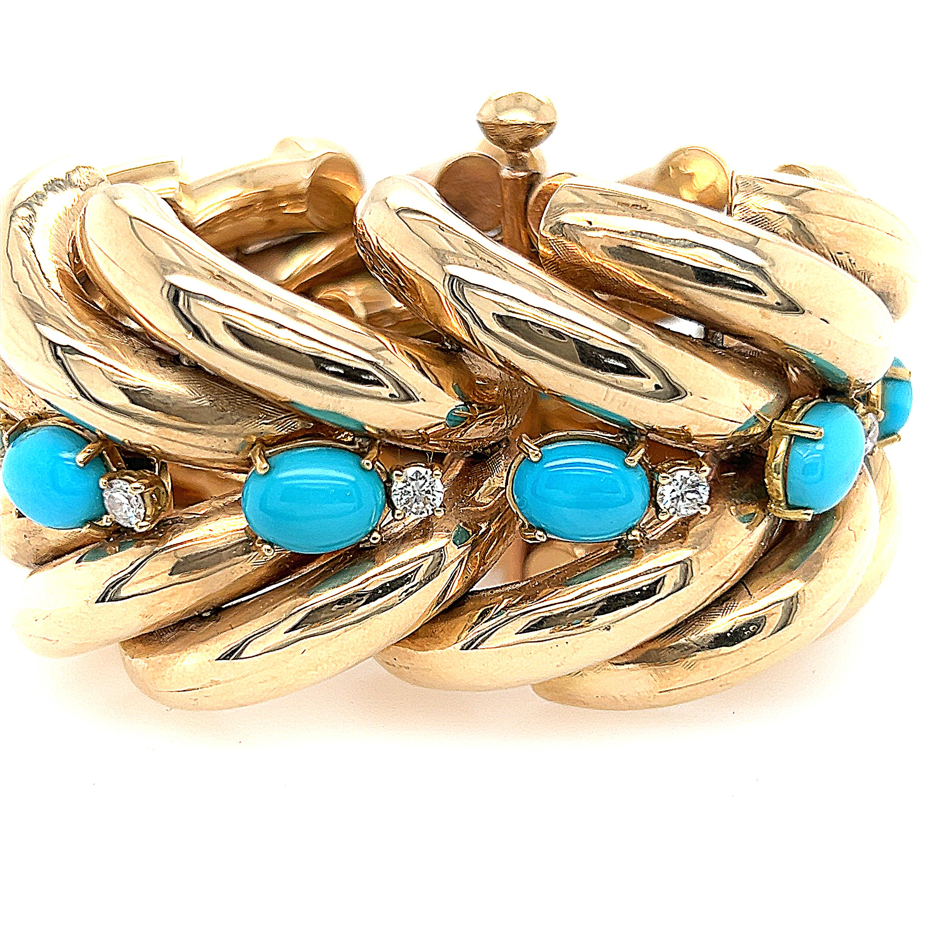 Oval Cut René Boivin Turquoise, Diamond and 18K Gold Bracelet