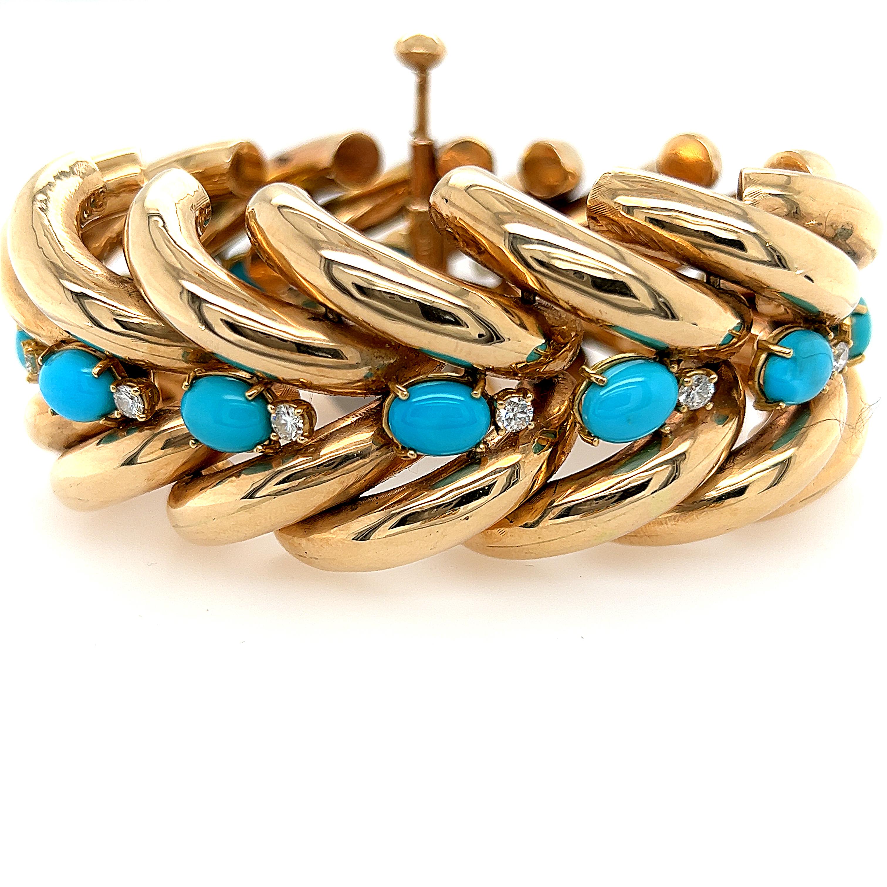 René Boivin Turquoise, Diamond and 18K Gold Bracelet In Good Condition In New Orleans, LA
