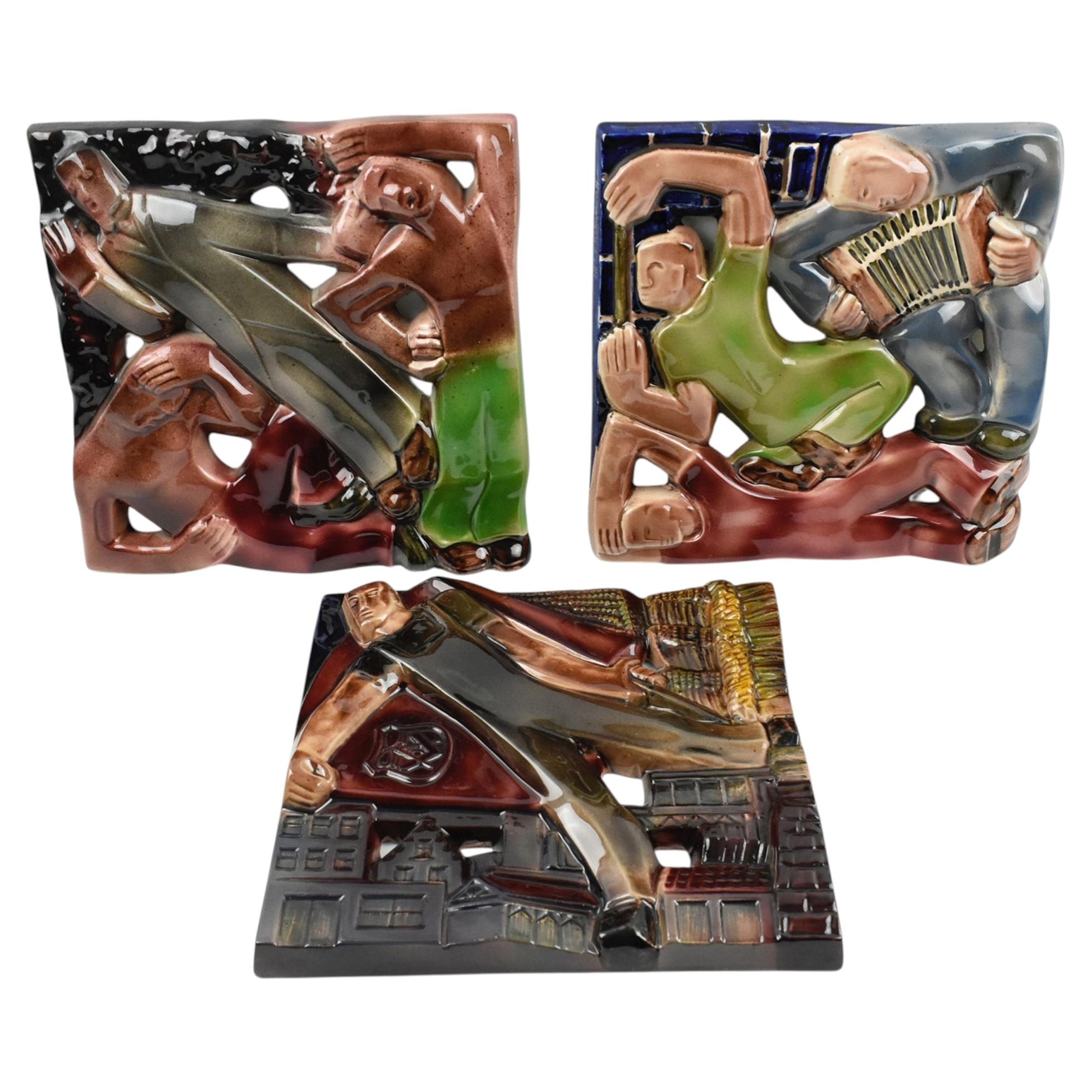 Rene Boschmans for Coceram Cubist Ceramic Tile Sculpture with Masonic Sign, 3pc For Sale