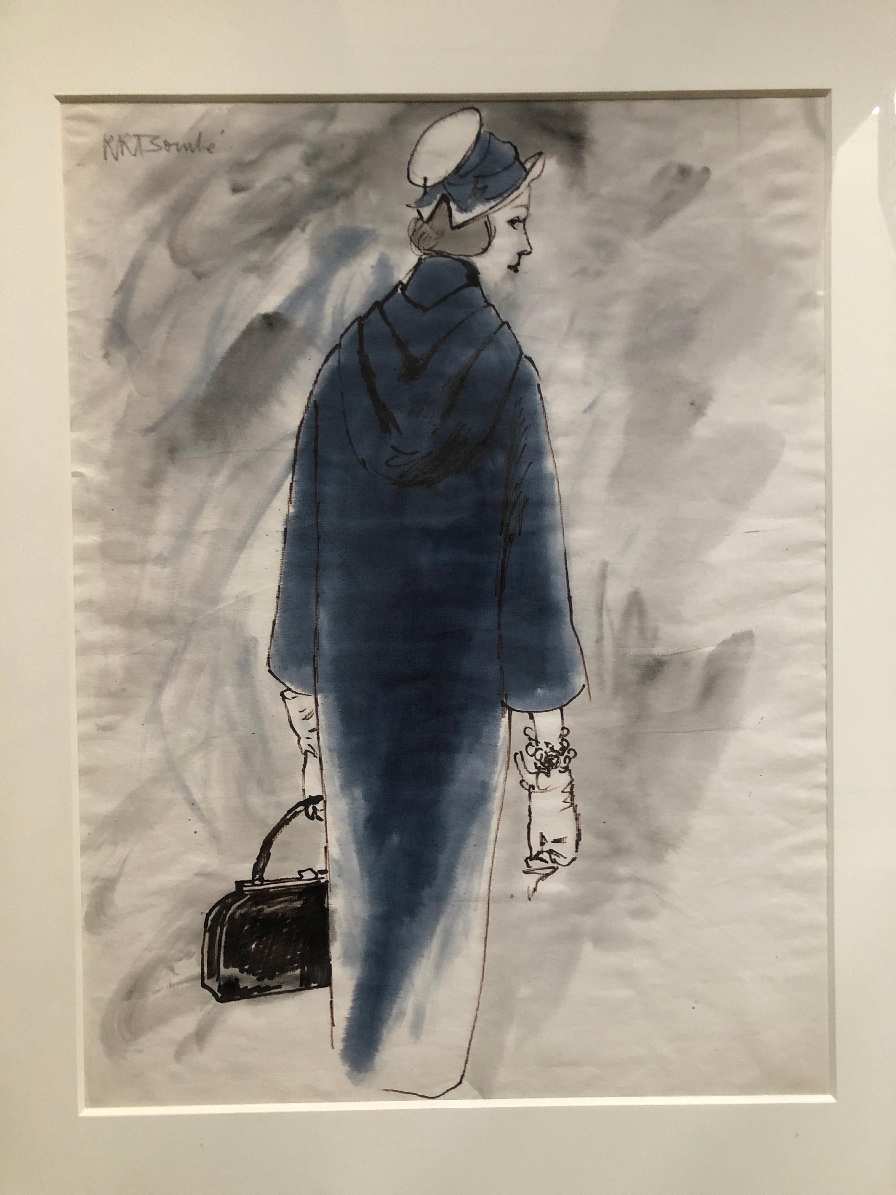 Rene Bouche Framed Original Blue Coat Illustration for Vogue.
Rene Bouche was Vogue's in house artist through the fifties and in to the sixties, and had a remarkable range of talents. 
His portraits and his fashion illustrations were featured in