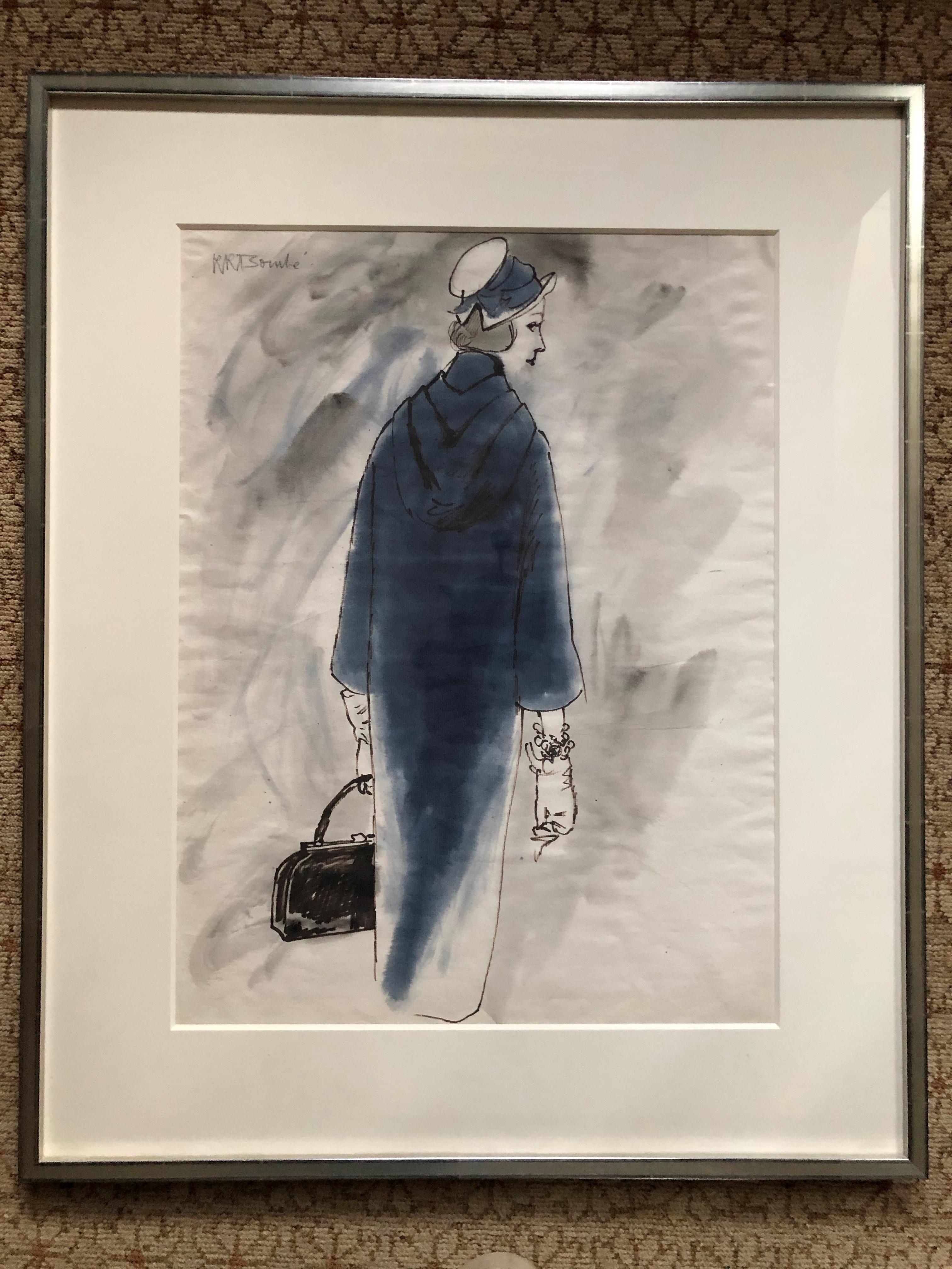Rene Bouche Framed Original 1950's Blue Coat Illustration for Vogue In Excellent Condition In Cloverdale, CA