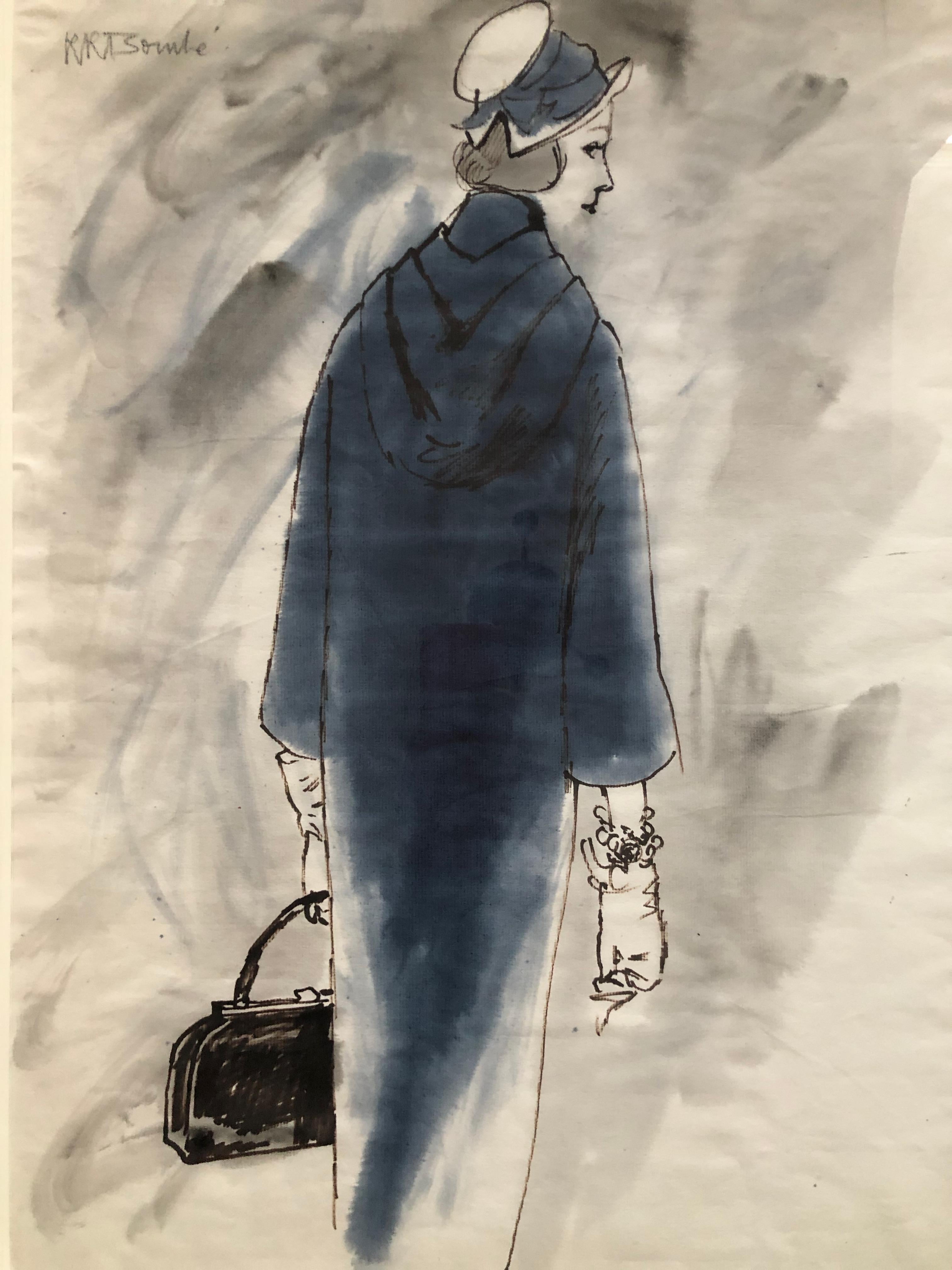 Women's Rene Bouche Framed Original 1950's Blue Coat Illustration for Vogue