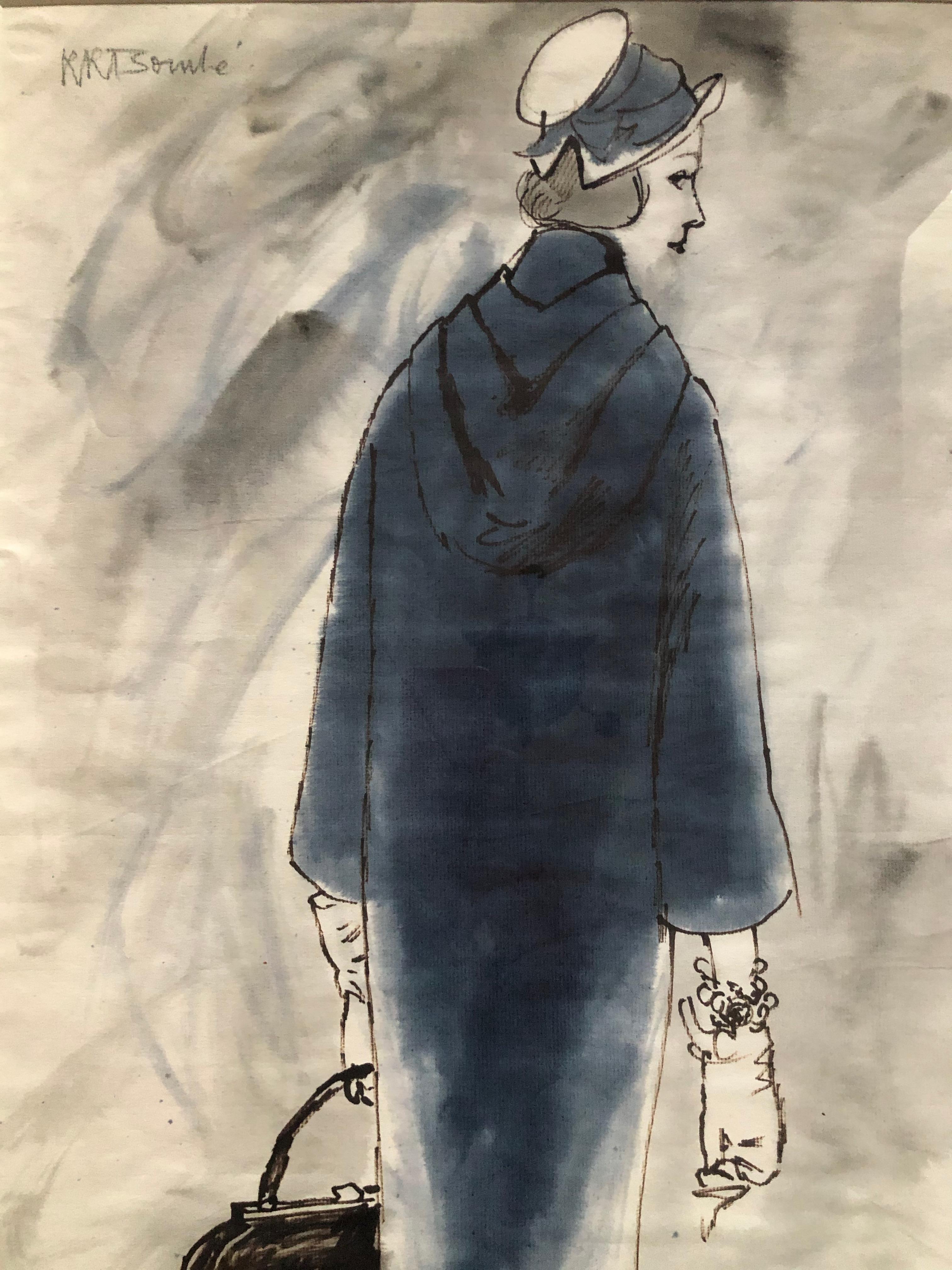 Rene Bouche Framed Original 1950's Blue Coat Illustration for Vogue 1