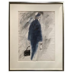 Rene Bouche Framed Original 1950's Blue Coat Illustration for Vogue