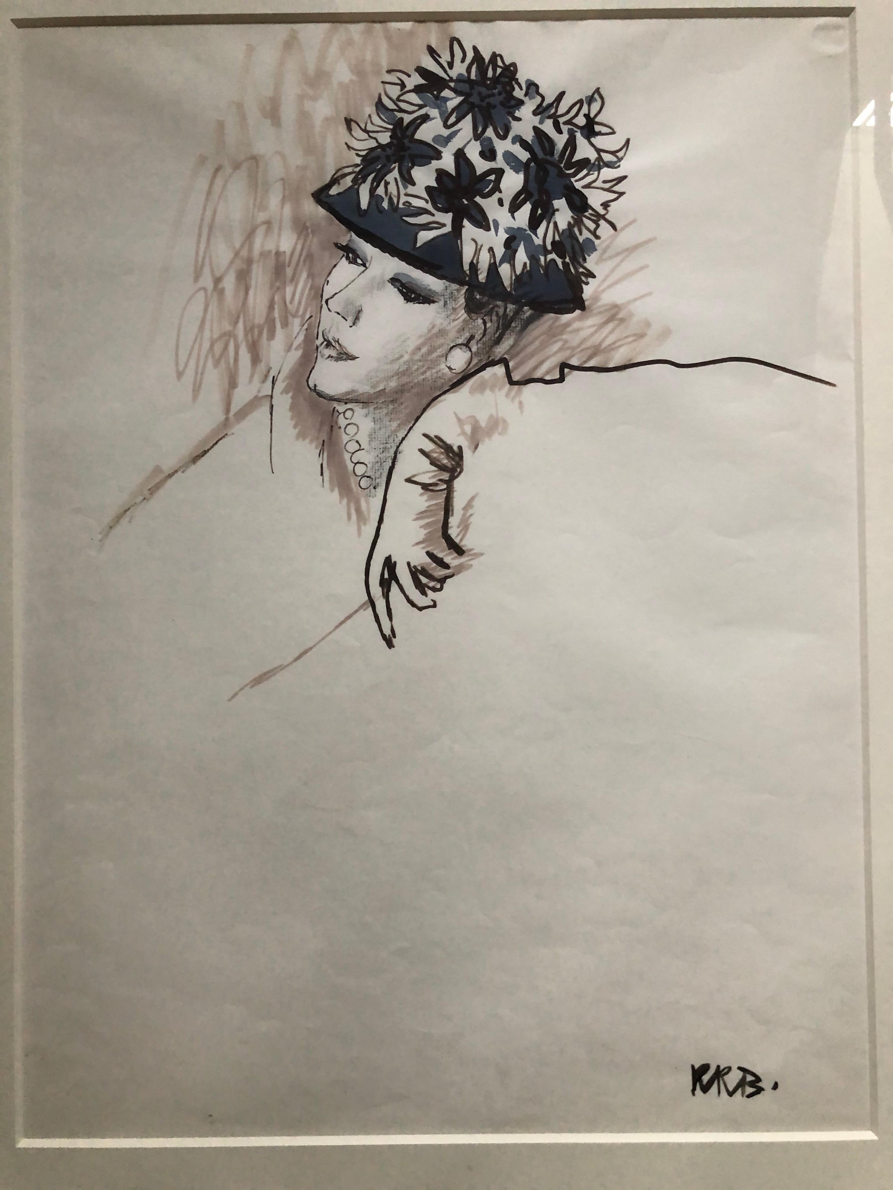 Brown Rene Bouche Framed Original 1958 Hat Illustration for Vogue