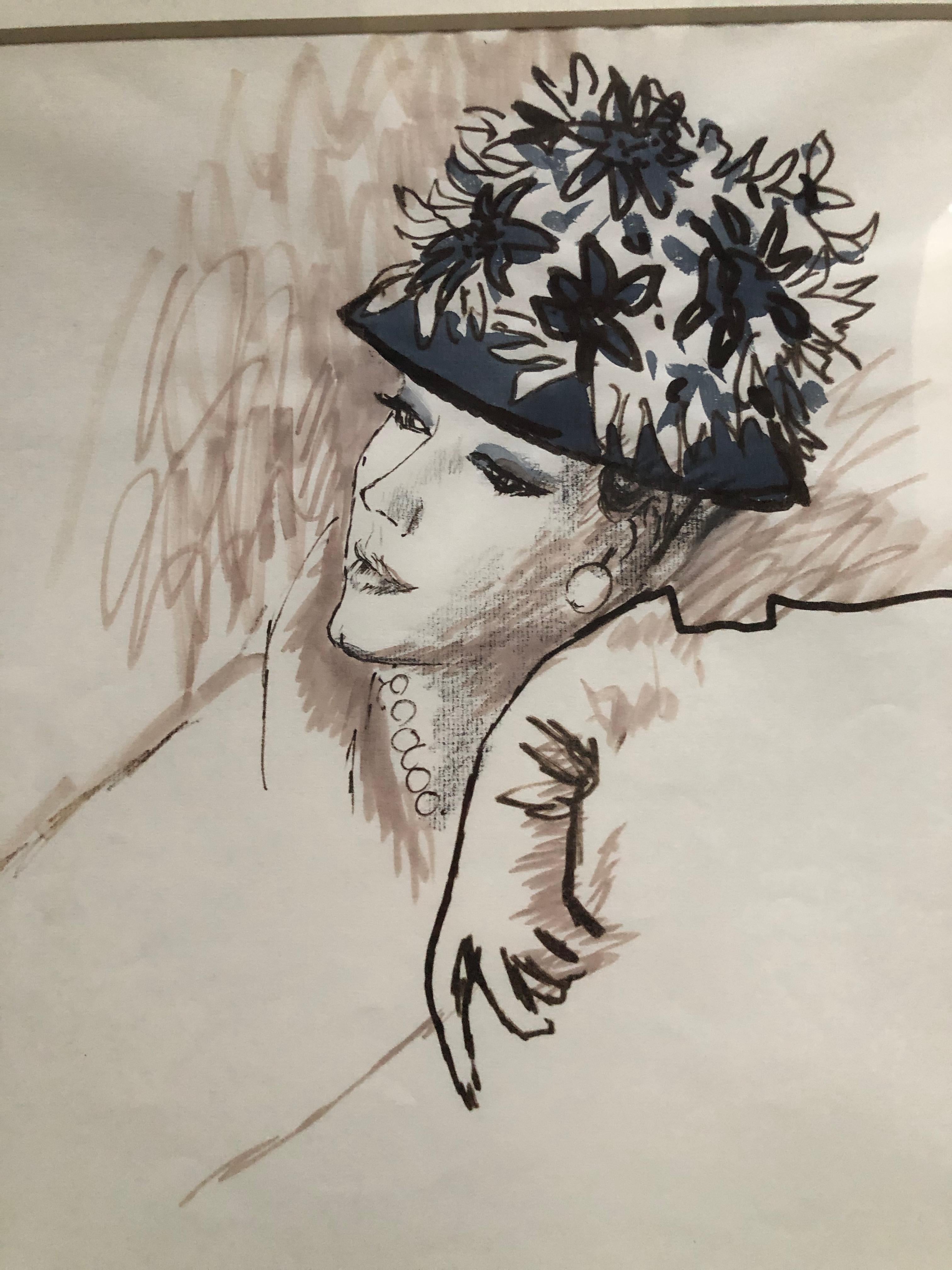 Rene Bouche Framed Original 1958 Hat Illustration for Vogue 2