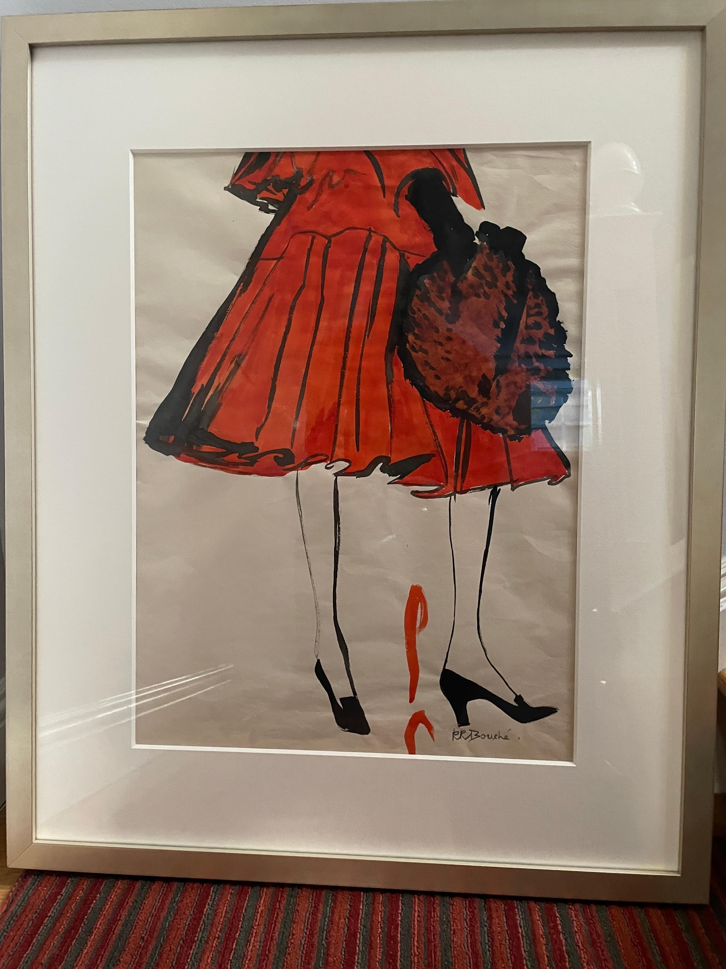 Rene Bouche Framed Original Christian Dior Illustration for French Vogue September 1953.
This is an original gouache on paper, and was one of the images created for Vogue of Christian Dior's collection in 1953 . 
The similar accepted illustration