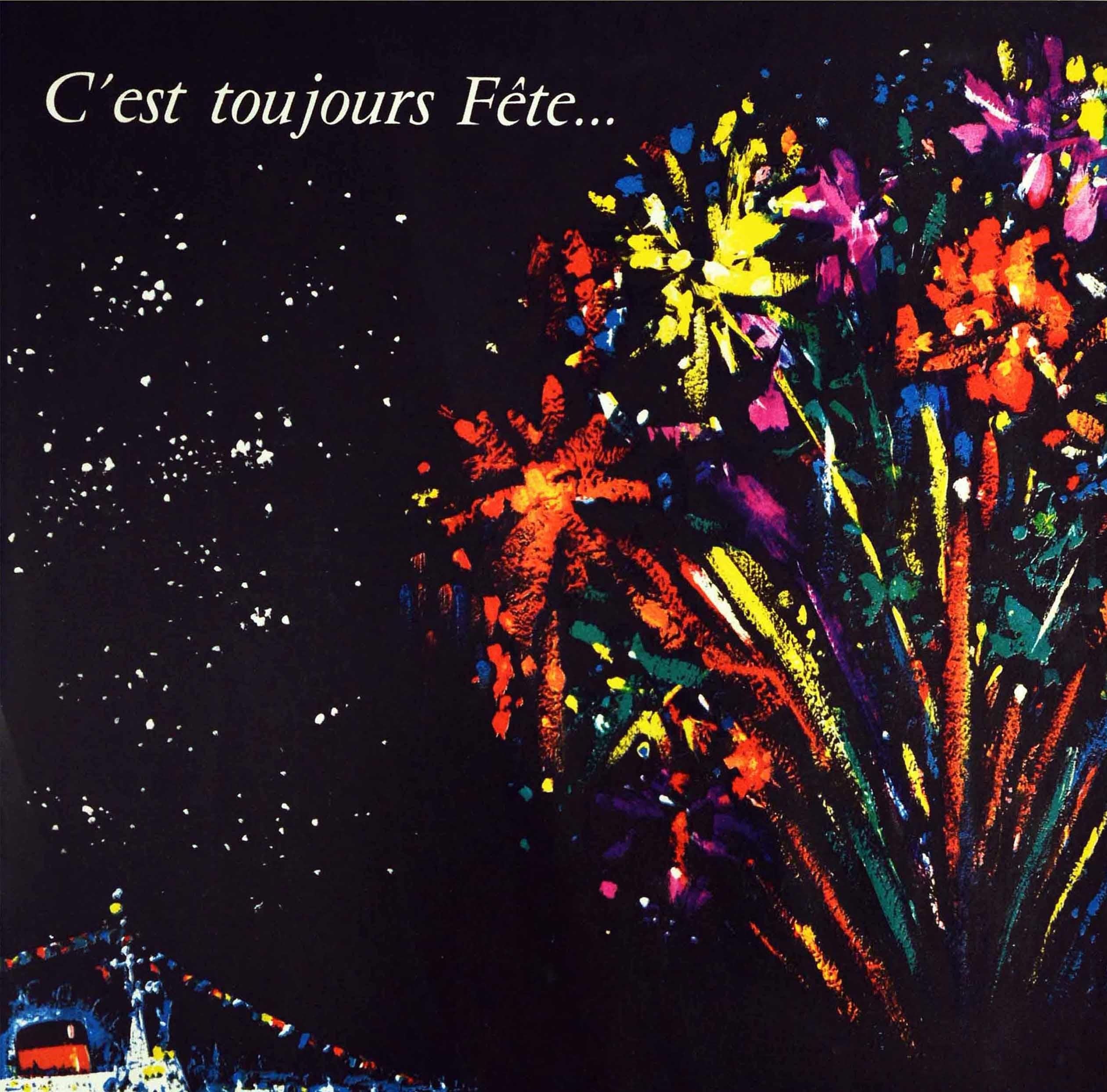 Original Vintage Cruise Travel Poster Toujours Fete CGT Ocean Liner Fireworks - Print by Rene Bouvard