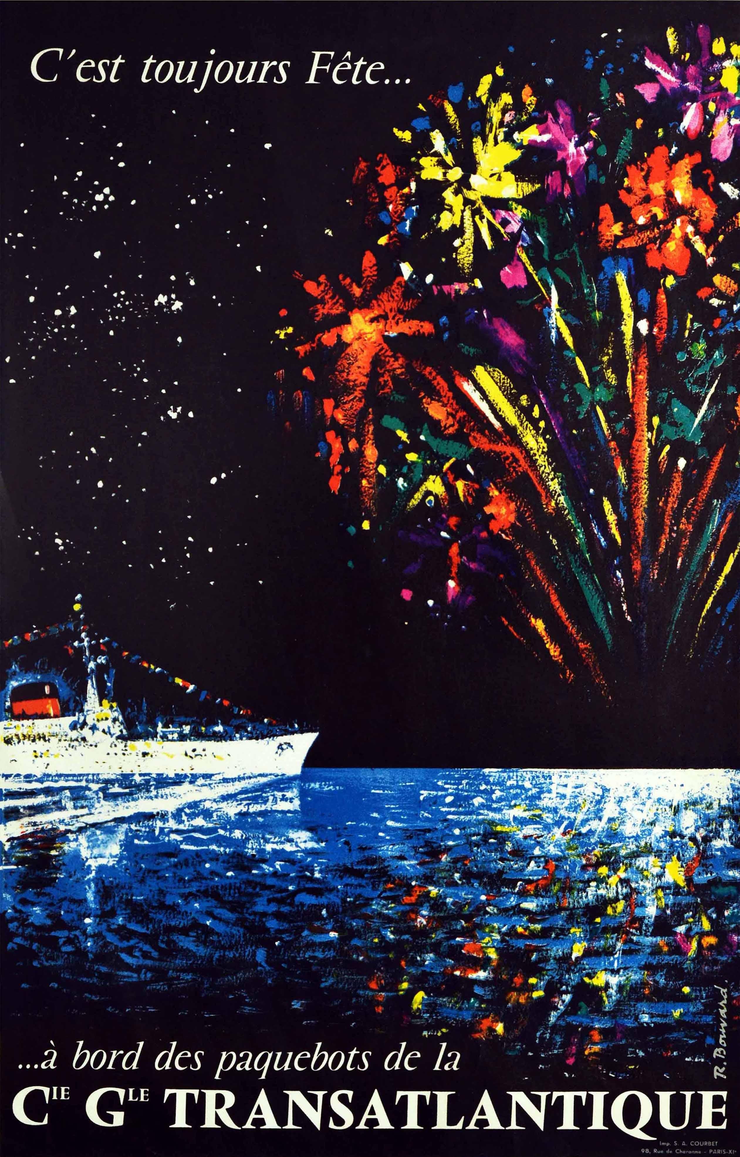 Rene Bouvard Print - Original Vintage Cruise Travel Poster Toujours Fete CGT Ocean Liner Fireworks