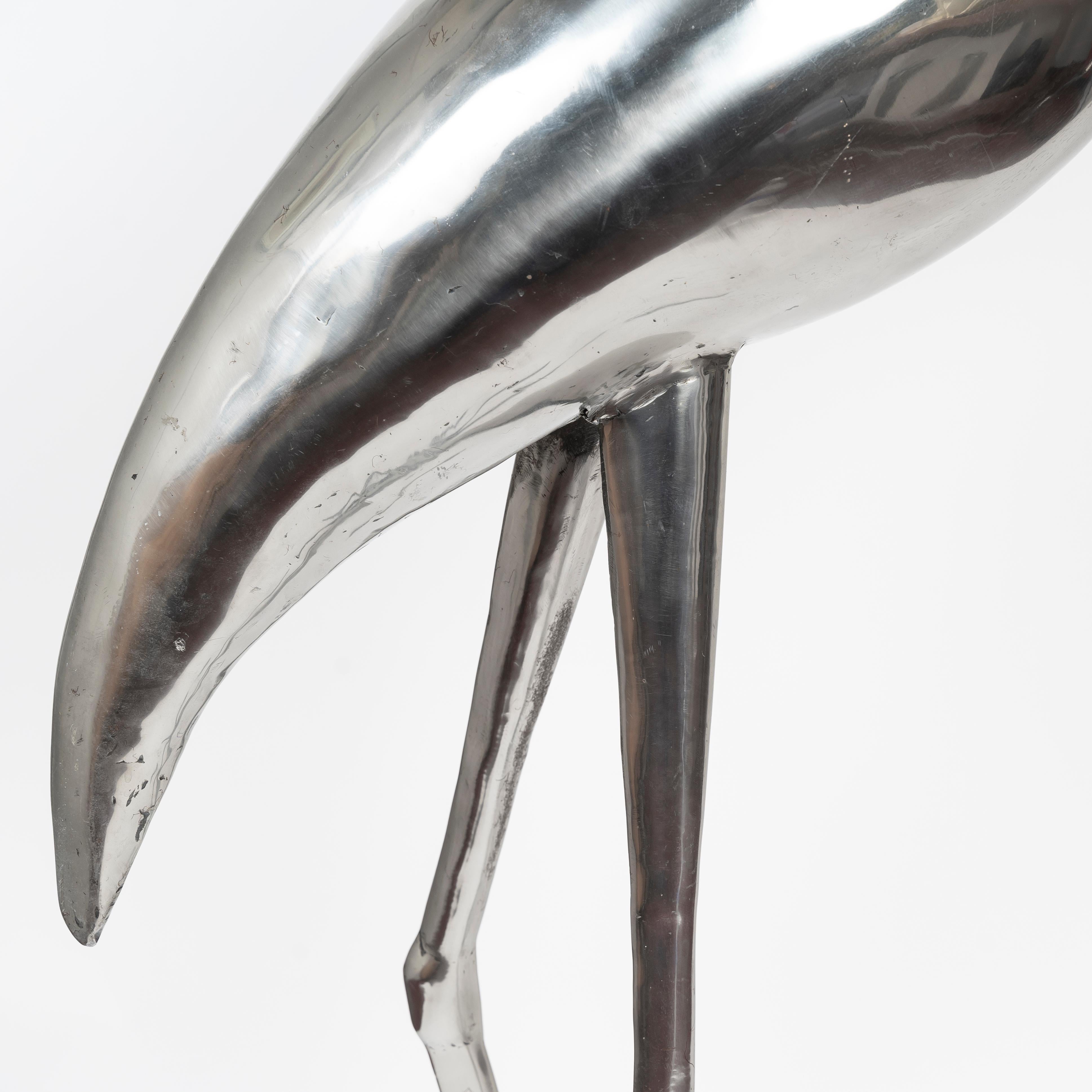 Moderne Sculpture Heron en acier inoxydable Rene Broissand, design, modernisme, oiseau, 1970