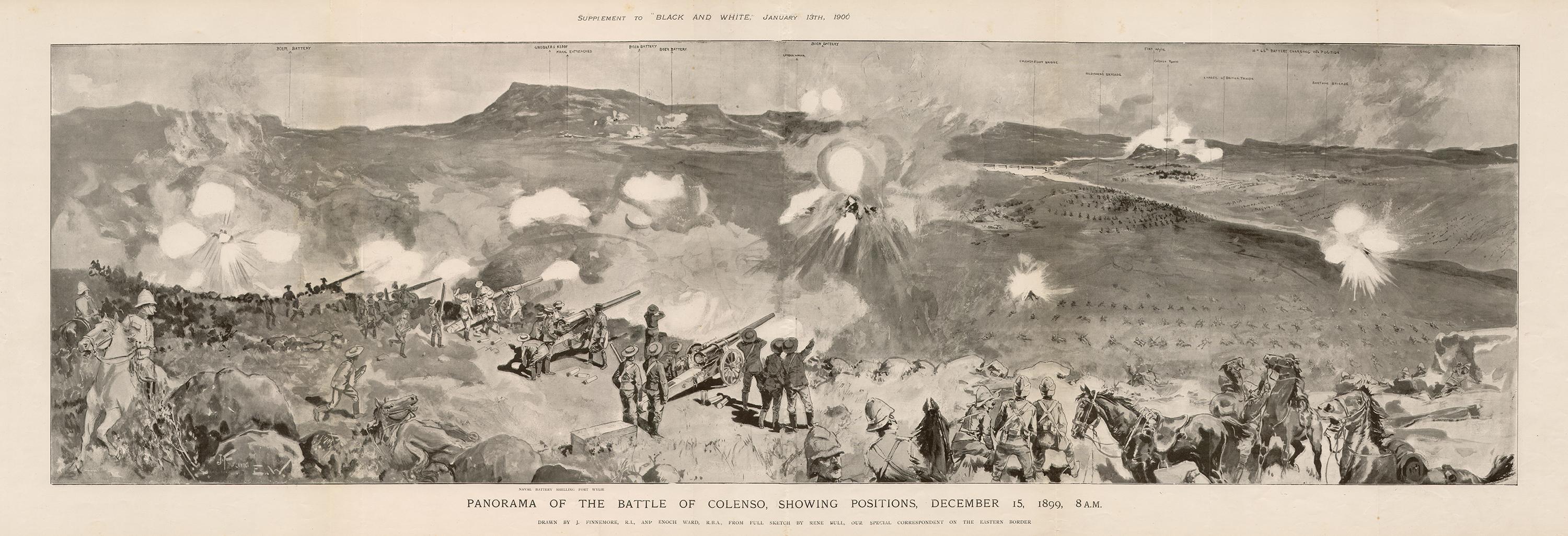 Rene Bull Figurative Print – Boer War - Panorama der Schlacht von Colenso, Fotogravur einer militärischen Armee