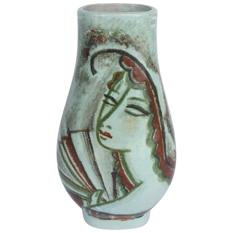 René Buthaud, Ceramic Vase of Woman with Fan, circa 1920s