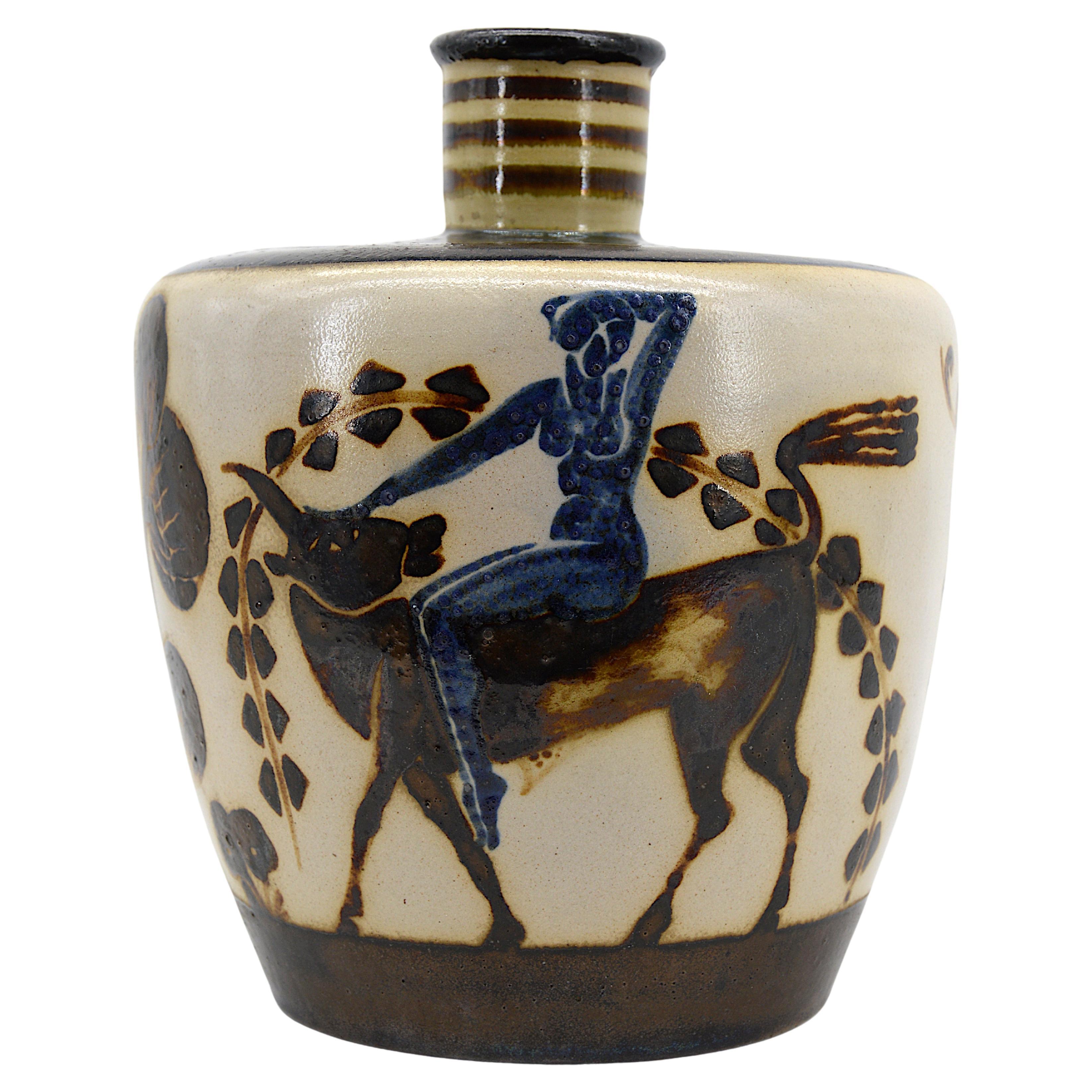 Large French Art Deco ceramic vase from the Rene Buthaud workshop at Sainte-Radegonde for Primavera (Paris), France, 1923-1926. The mythological decor composed of Europa riding the bull, and an Amazon, a horse, in a typical plant decoration, shows a