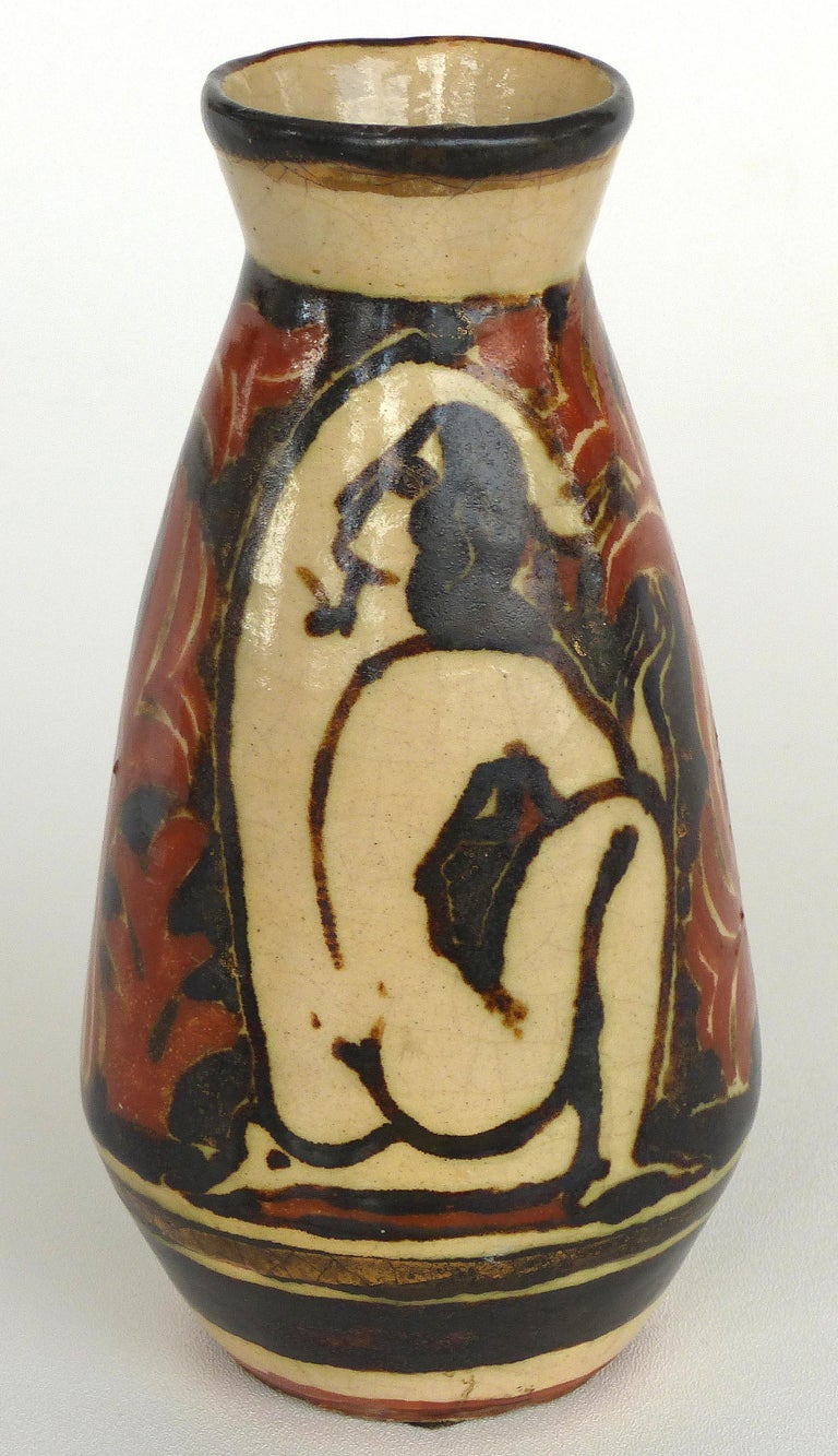 Glazed René Buthaud French Art Deco Ceramic Vase, Nude Figures For Sale