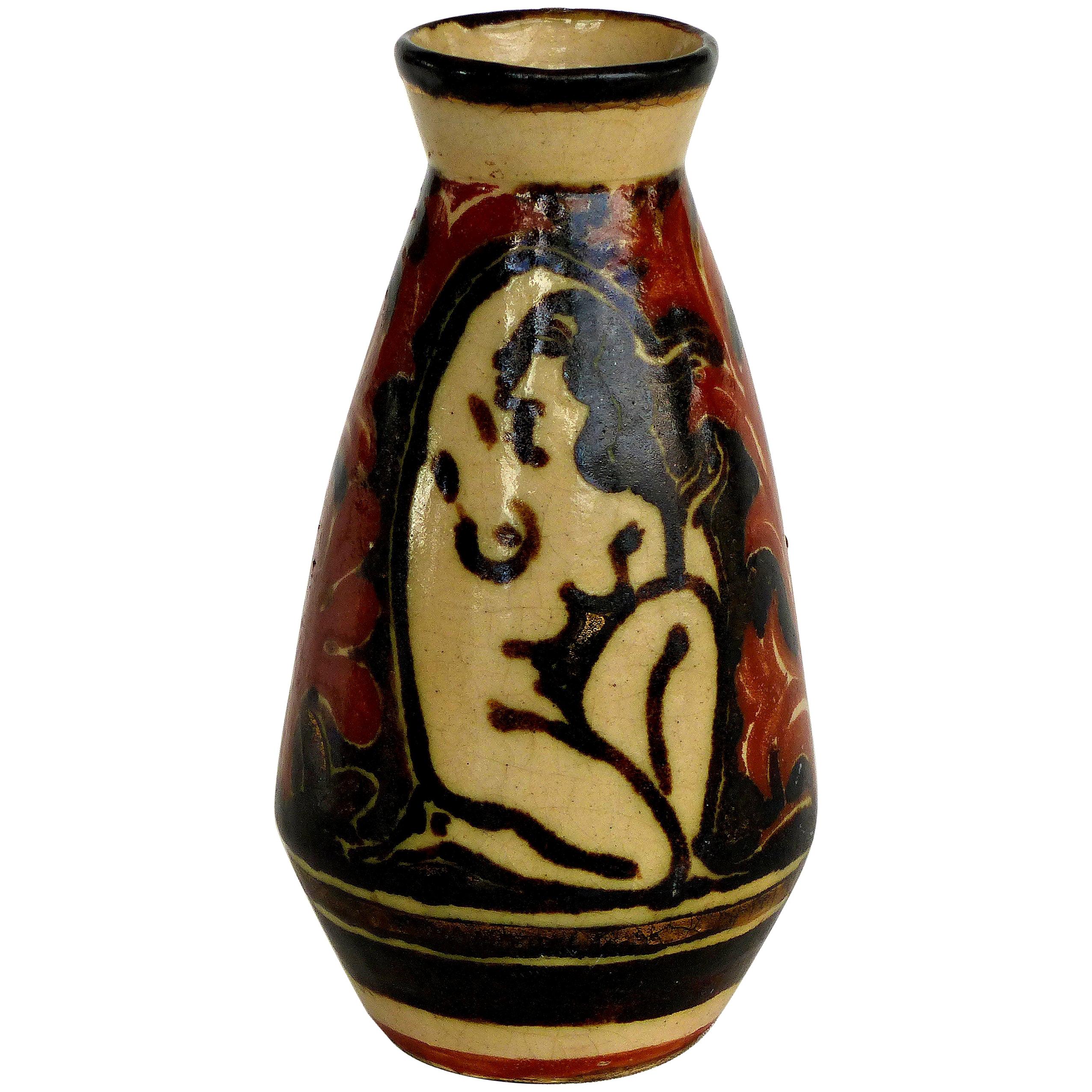René Buthaud French Art Deco Ceramic Vase, Nude Figures