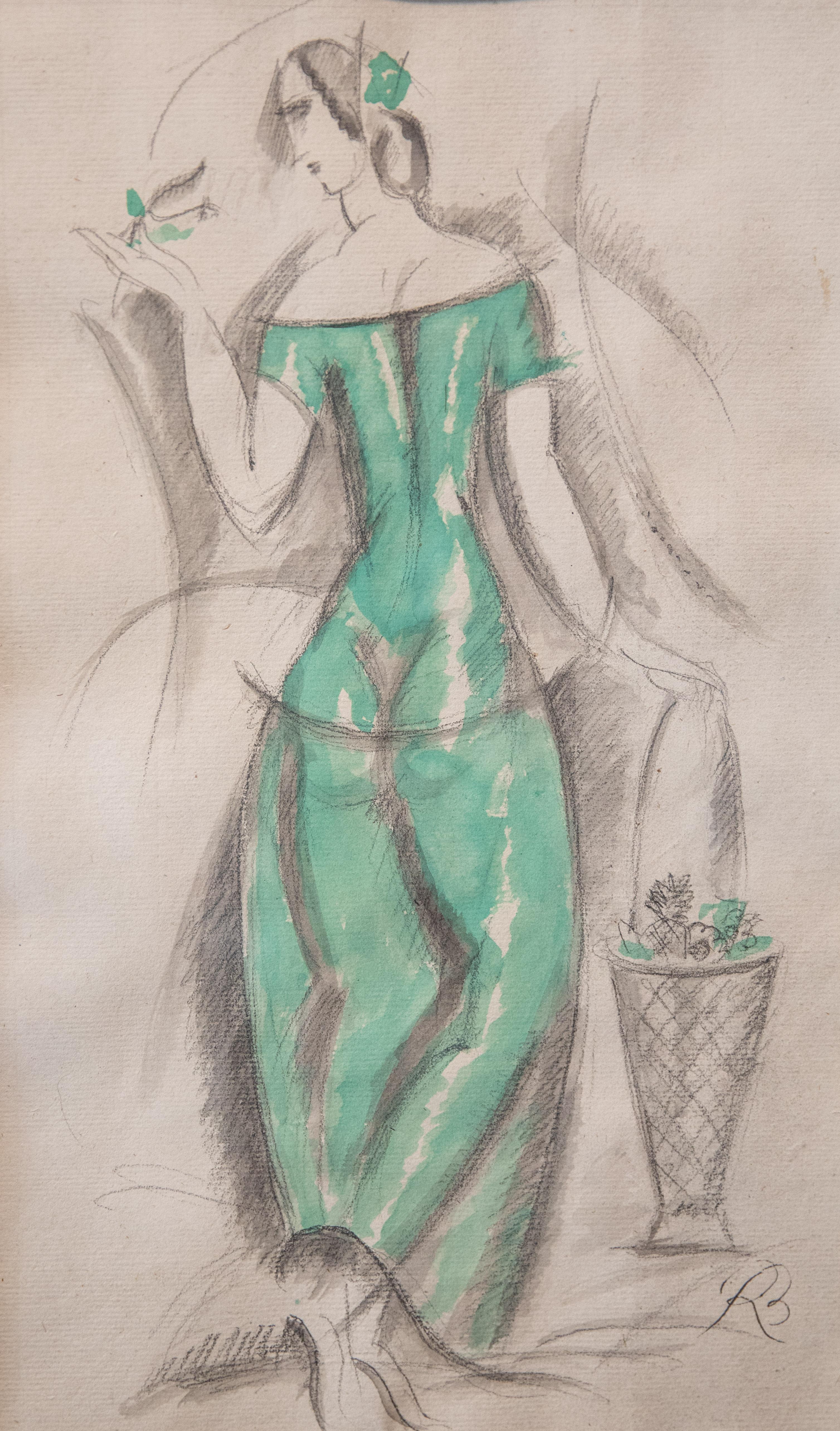Rene Buthaud woman in green dress, signed and dated 1924 mixed-media on paper Provenance: The artist, collection Michel Fortin, Paris: Collection of Stephen Engel, Florida: Literature: Cruège, René Buthaud see page 80. Rene Buthaud midcentury nude