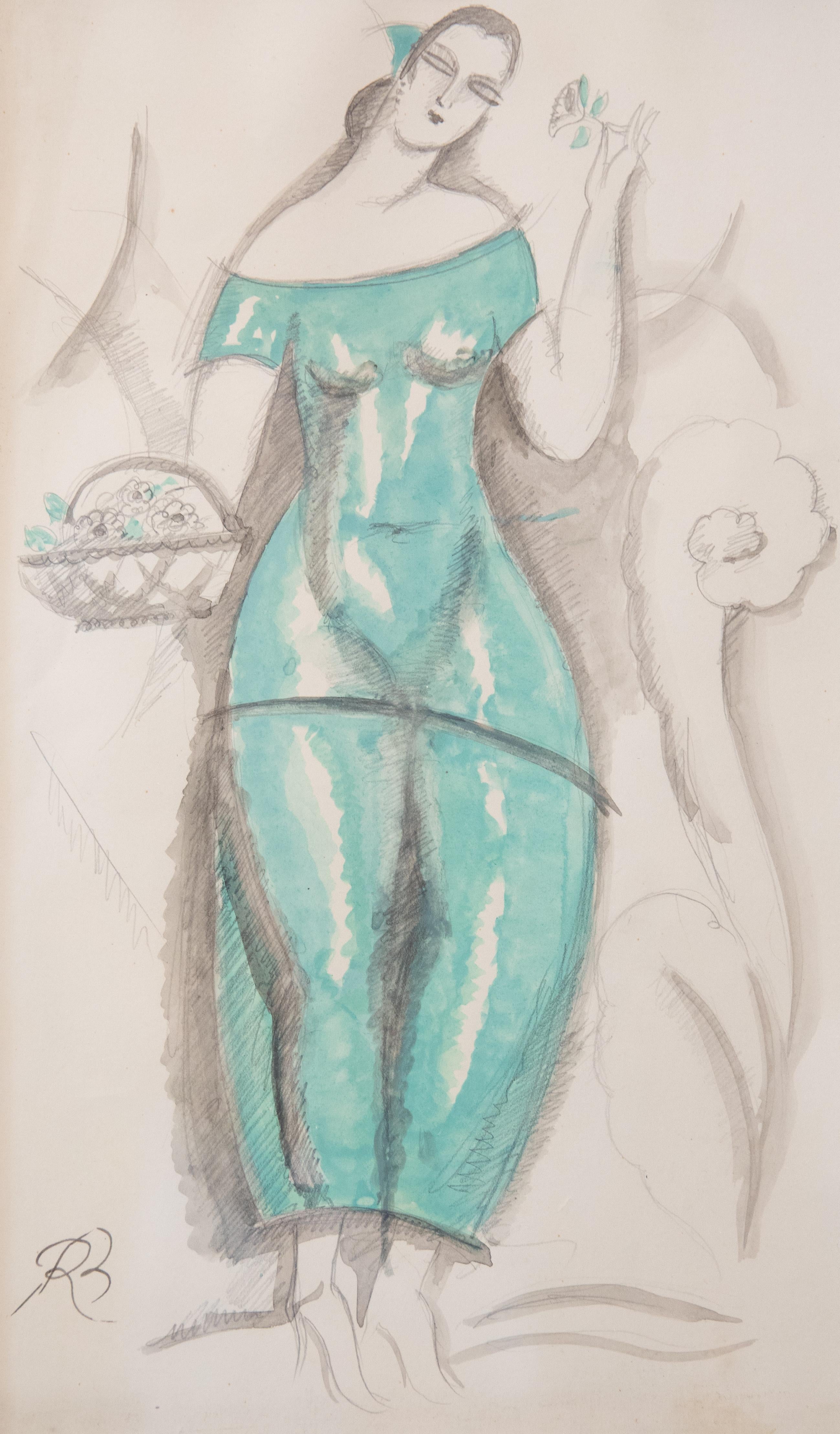 Rene Buthaud woman in green dress, signed and dated 1924 mixed-media on paper Provenance: The artist, collection Michel Fortin, Paris: Collection of Stephen Engel, Florida: Literature: Cruège, René Buthaud see page 80. Rene Buthaud midcentury nude