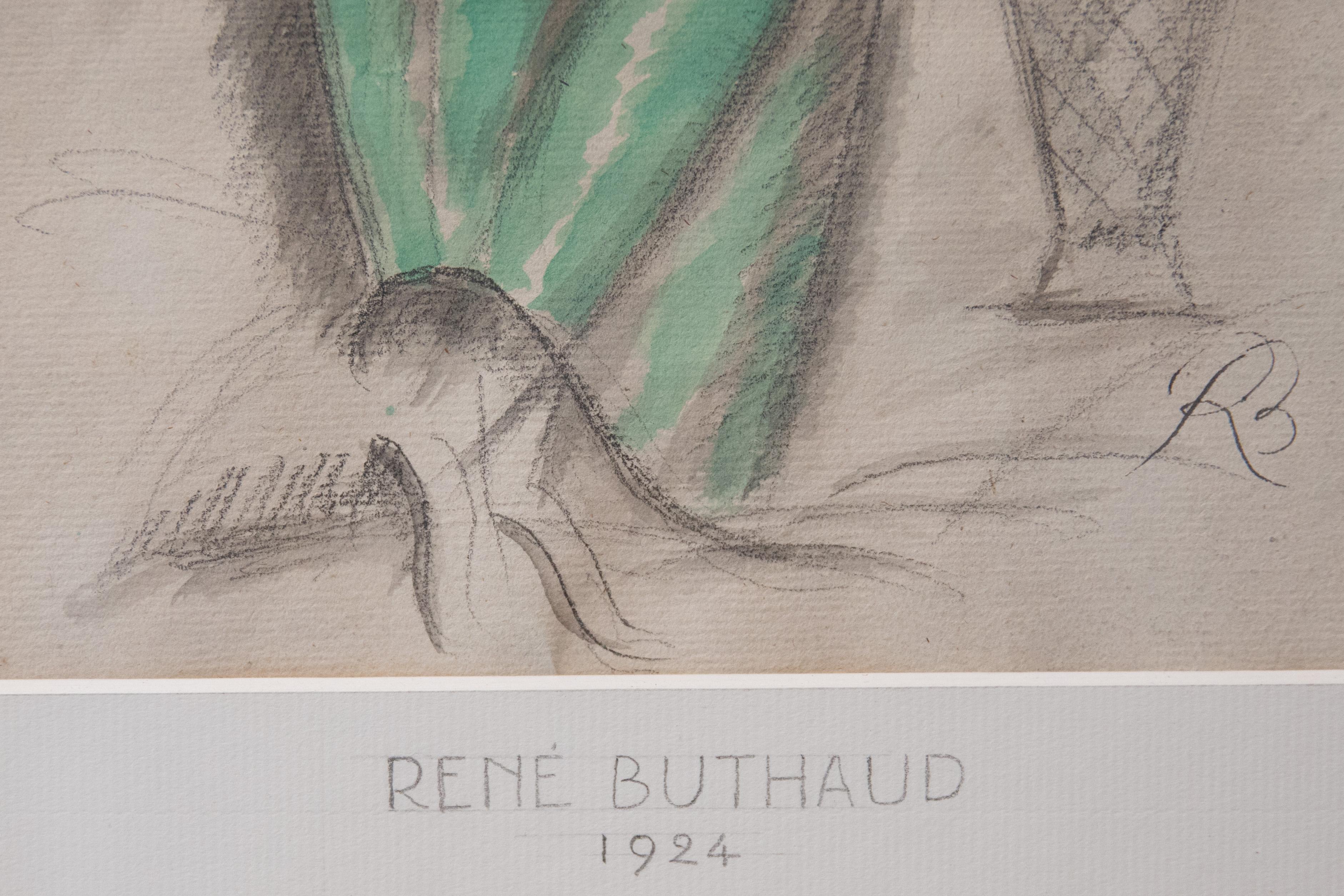 Art Deco Rene Buthaud Mixed-Media on Paper Woman in Green Dress, Signed and Dated 1924