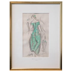 Rene Buthaud Mixed-Media on Paper Woman in Green Dress, Signed and Dated 1924