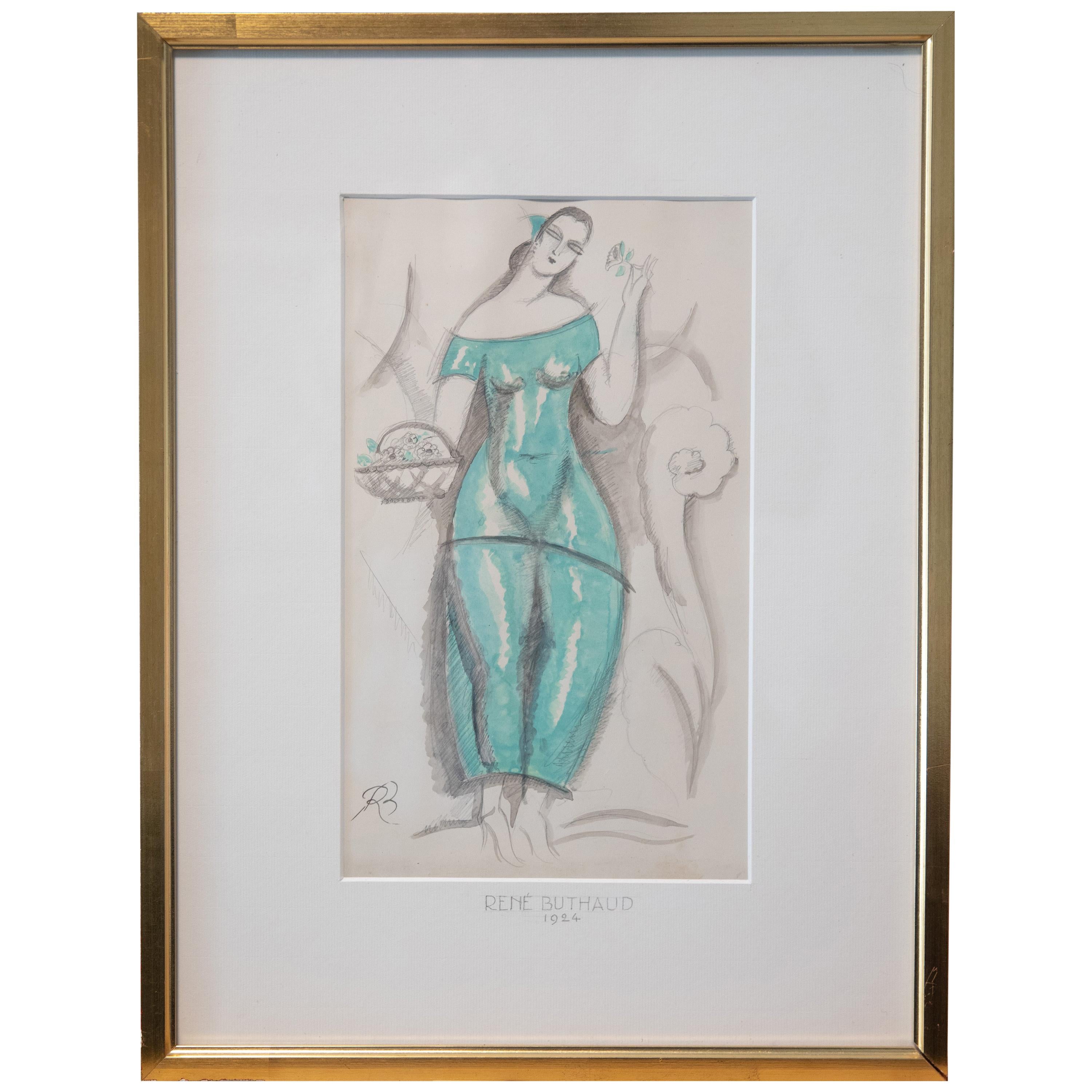 Rene Buthaud Mista su carta Donna in abito verde, firmata e datata 1924 in vendita
