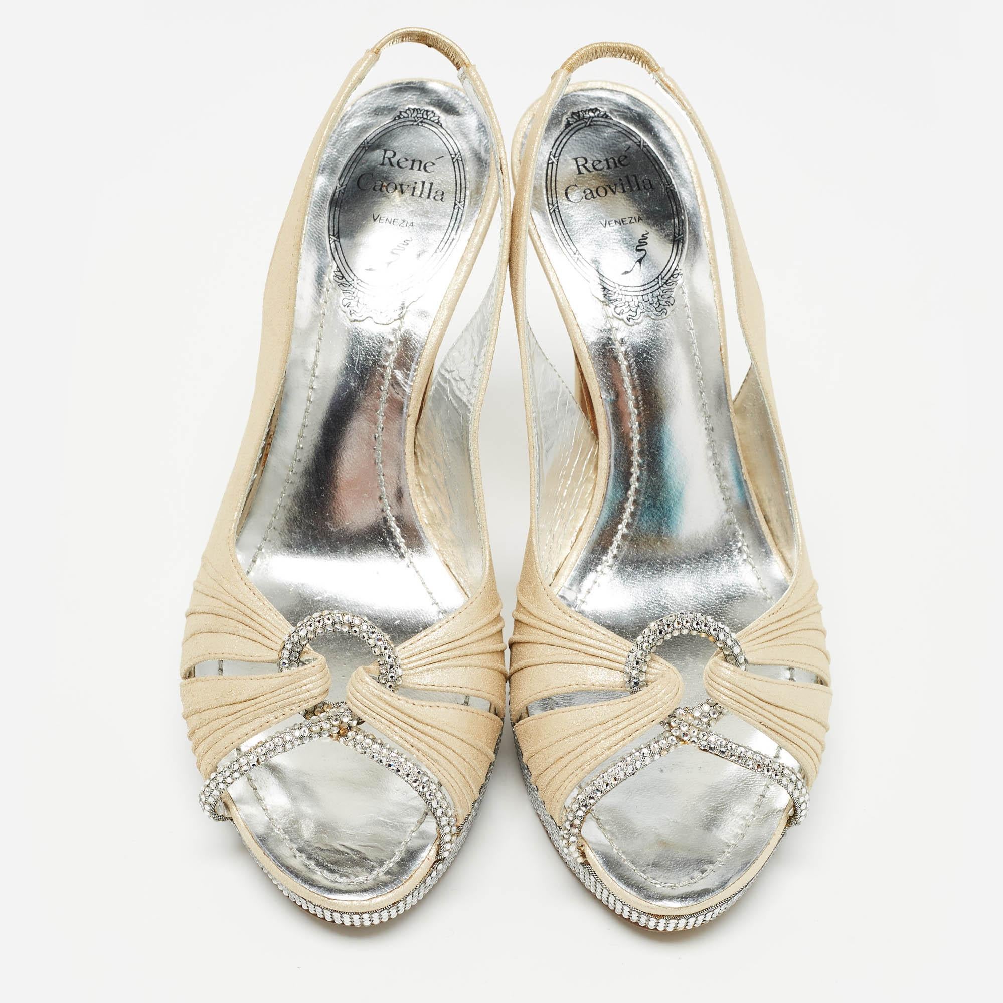 René Caovilla Beige Glitter Nubuck Leather Crystal Slingback Sandals Size 36.5 In Good Condition For Sale In Dubai, Al Qouz 2