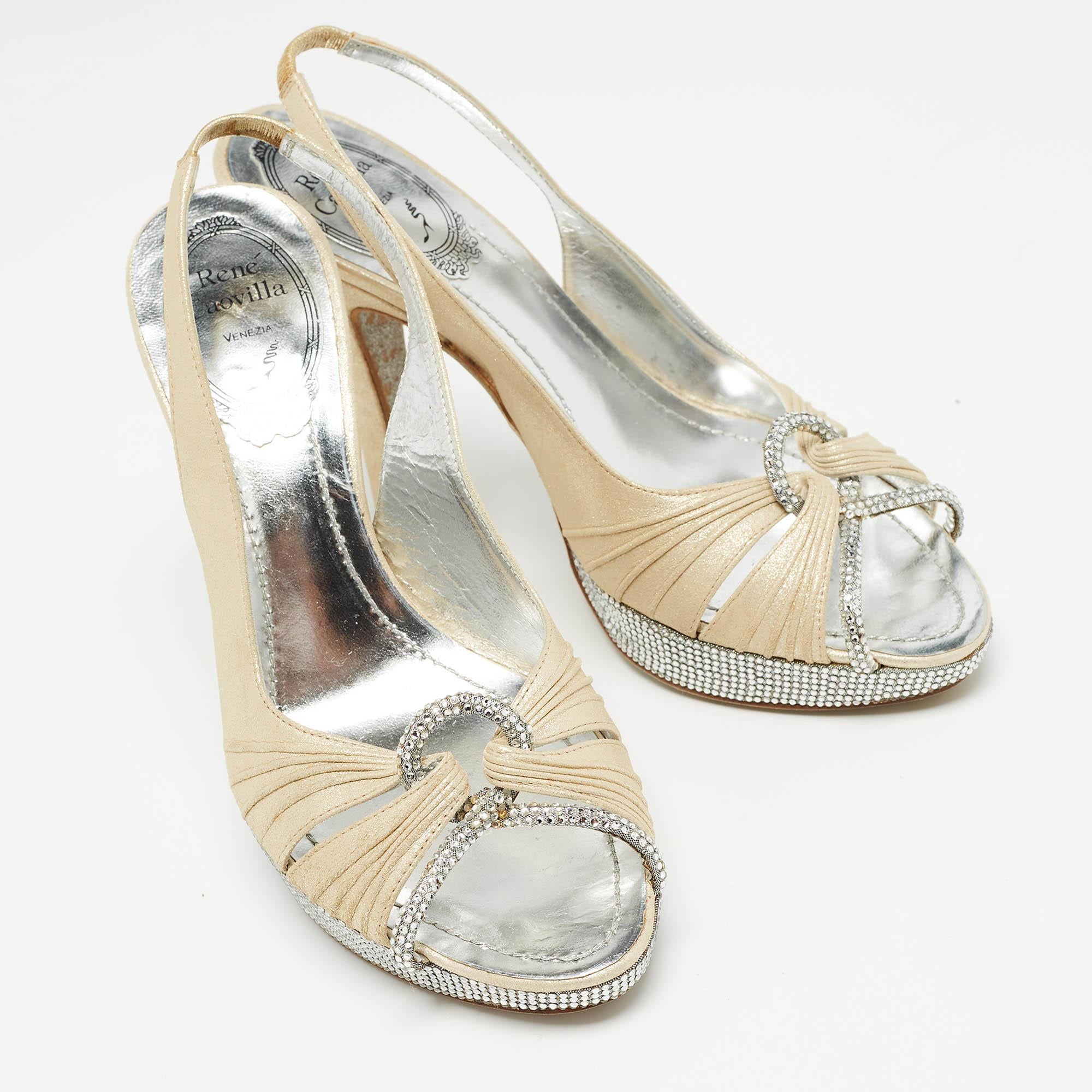 Women's René Caovilla Beige Glitter Nubuck Leather Crystal Slingback Sandals Size 36.5 For Sale