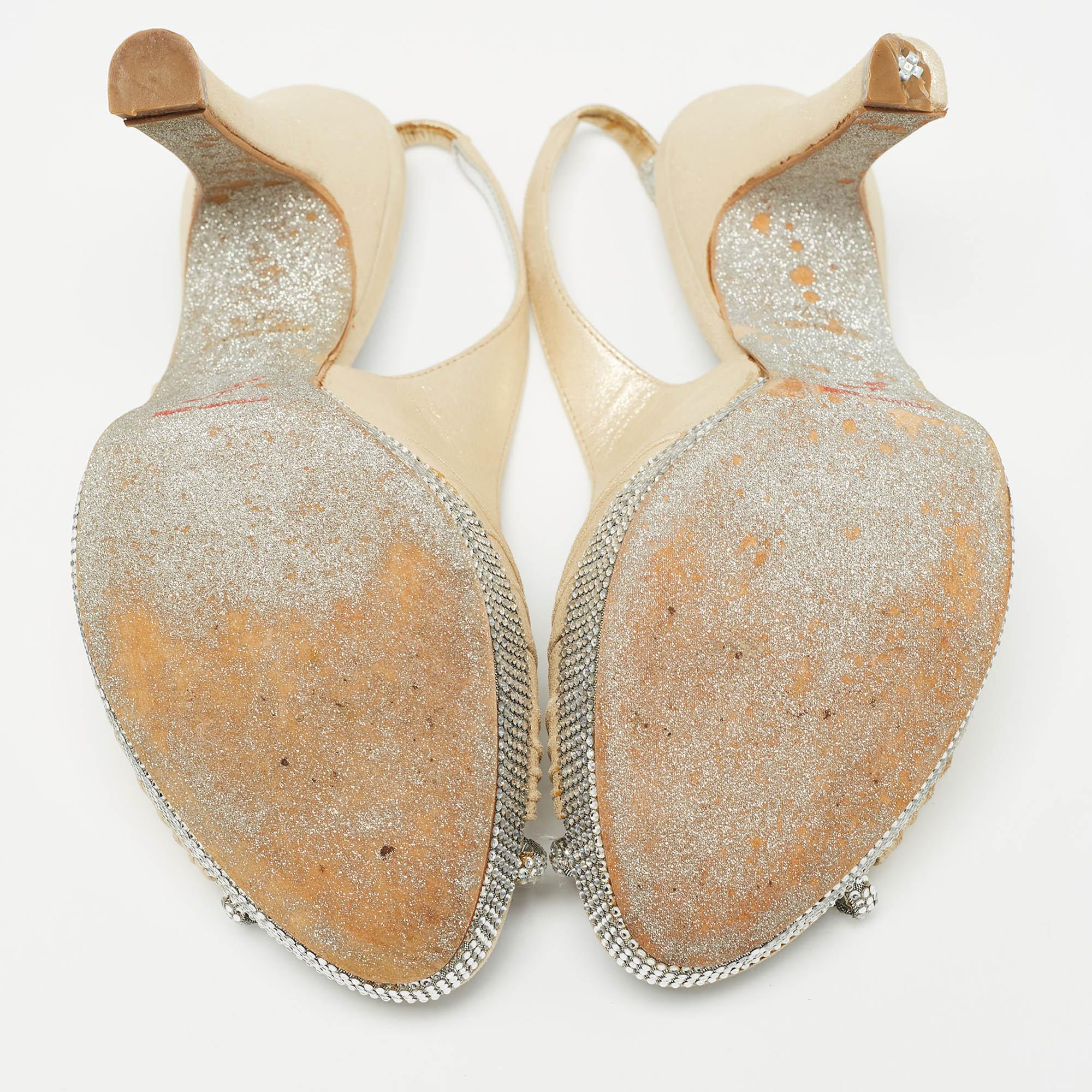 René Caovilla Beige Glitter Nubuck Leather Crystal Slingback Sandals Size 36.5 For Sale 2