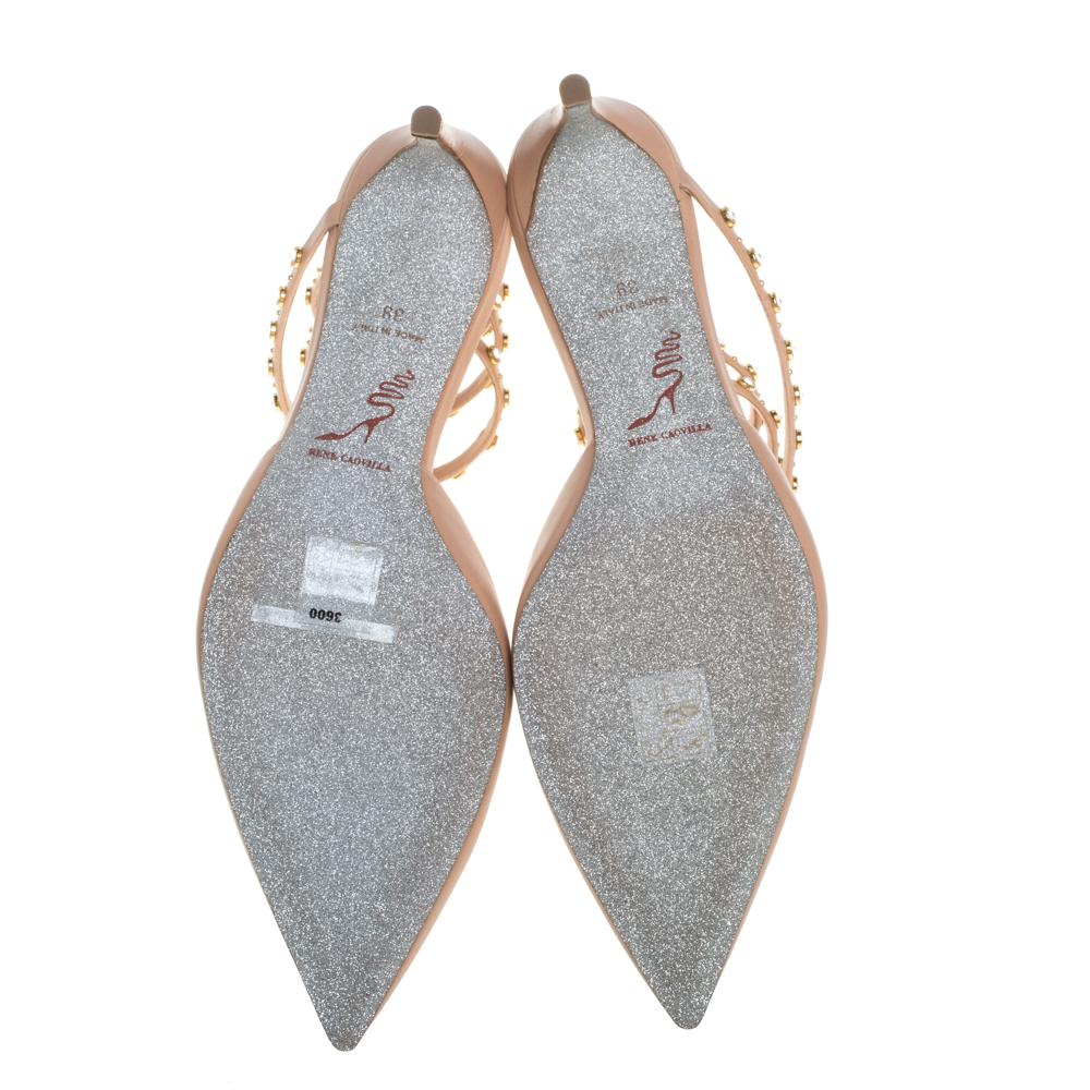 Women's René Caovilla Beige Leather Crystal Embellished Ankle Wrap Sandals Size 39